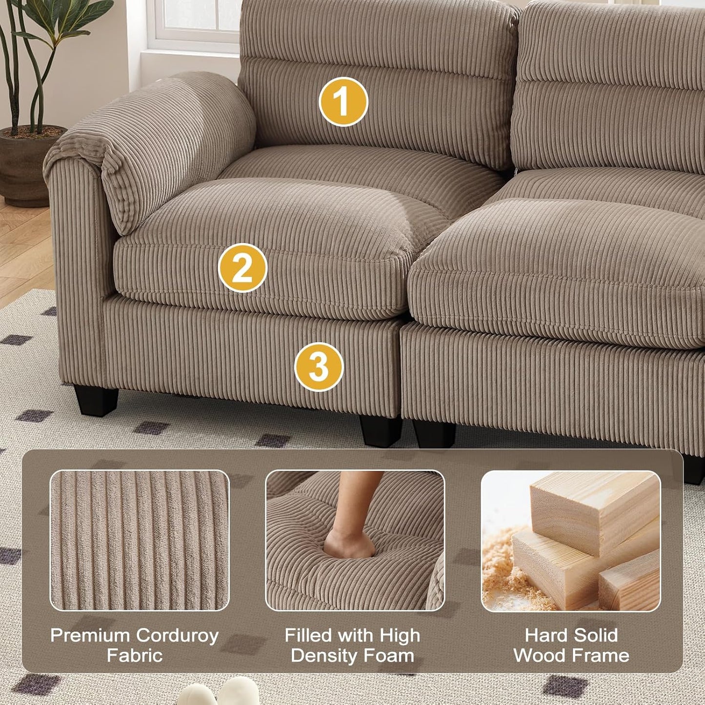 HAOMARKETS Corduroy Sofa Set,Upholstered Loveseat, and 3-Seater Couch with Plush Cushions and Rolled Arms, Modern Living Room Furniture Sets,Brown