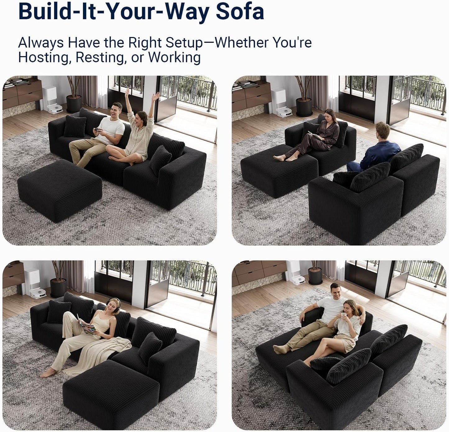 Avenco 141” 6-Seat Modular Sectional Sofa Couch, Individually Wrapped Coil Support & Corduroy Fabric, Zero Assembly 6-Piece Set for Large Living Room, Black