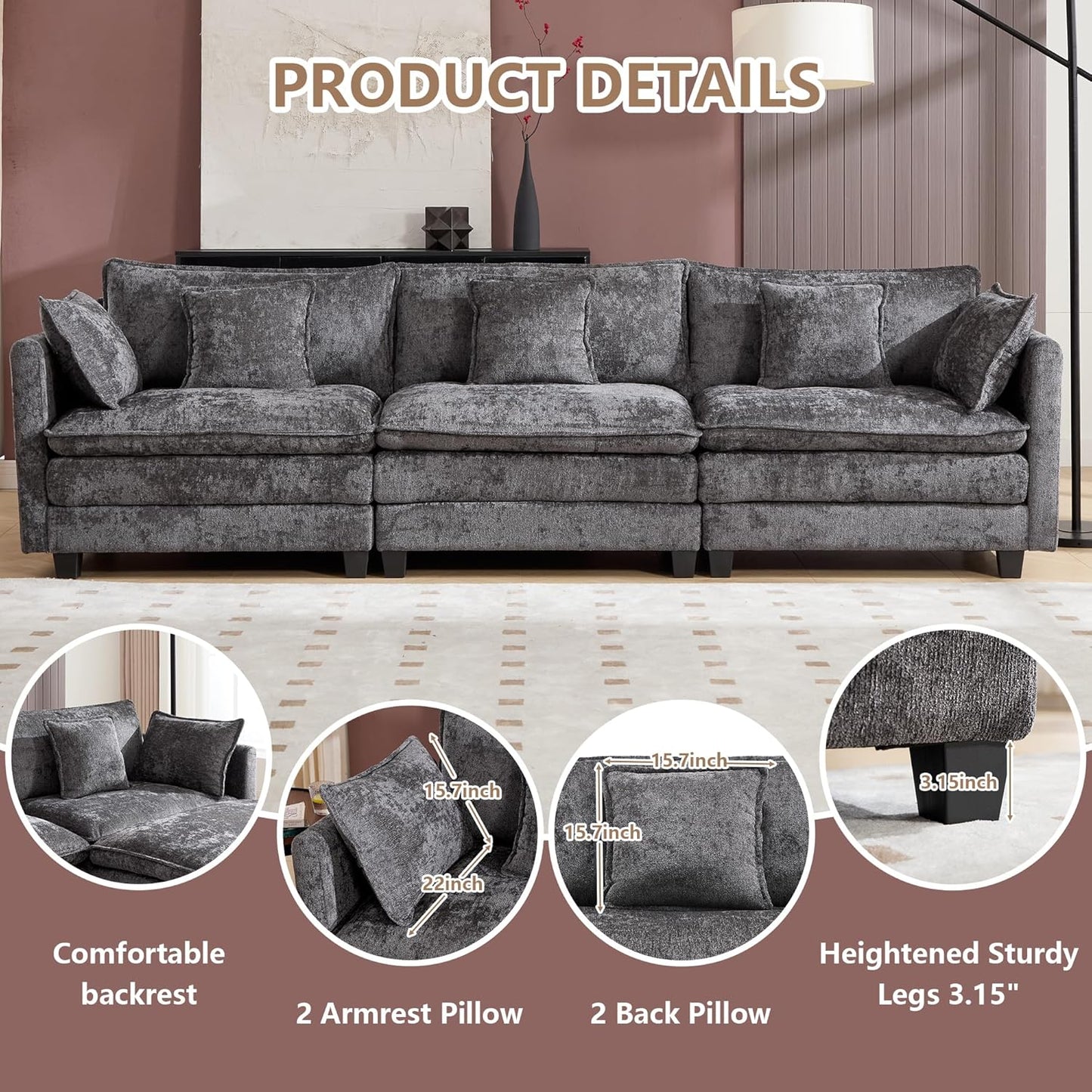Cloud Modular Sectional Sofa, U-Shaped Deep Seat Oversized Couch for Large Living Room, Pet-Friendly Chenille Fabric Sofa Setfor Family Movie Nights