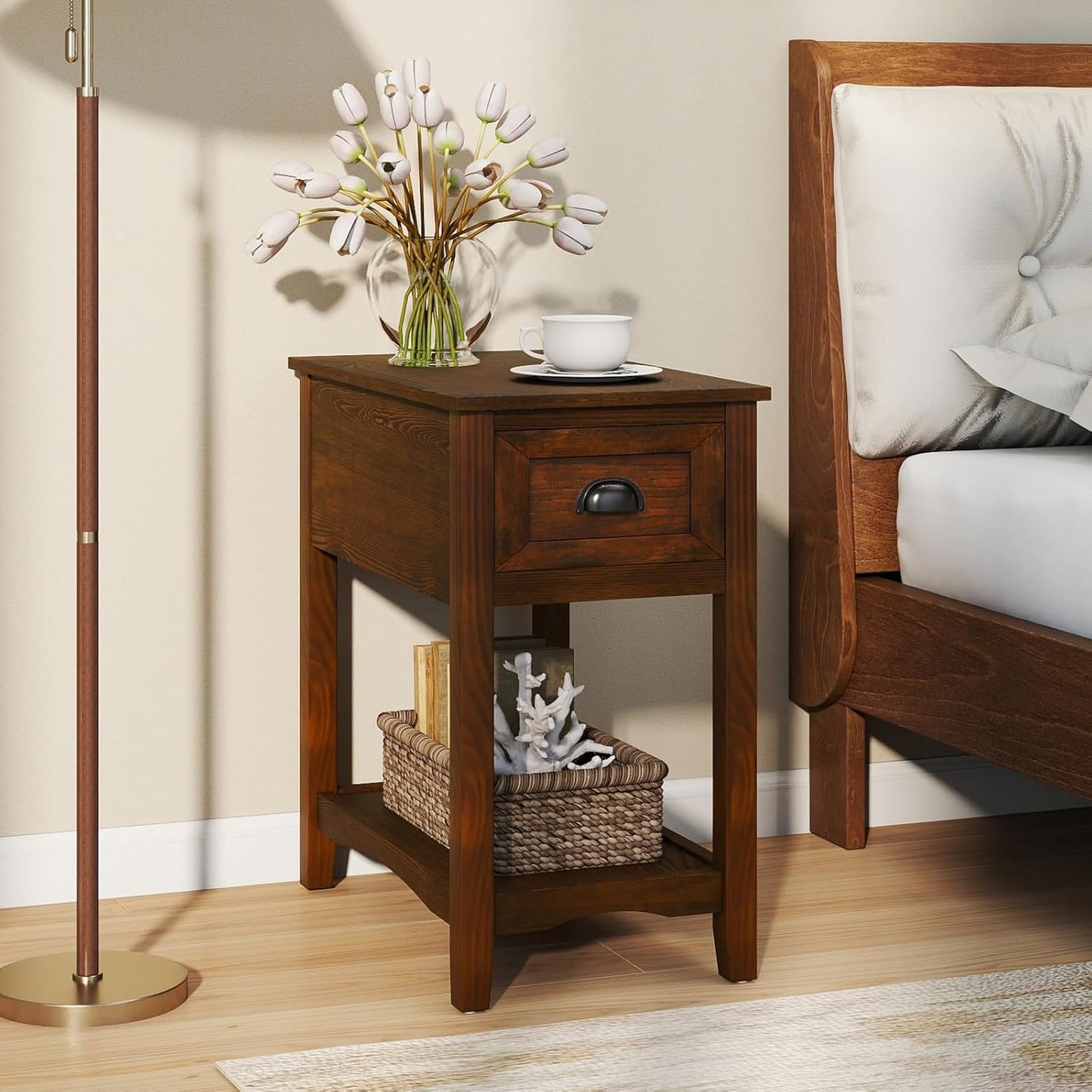 Giantex End Table with Drawer Set of 2, Retro Narrow Side Table, Nightstand with Solid Wood & Storage Shelf, Bedside Table for Living Room Bedroom Small Space Home Office (2, Walnut)