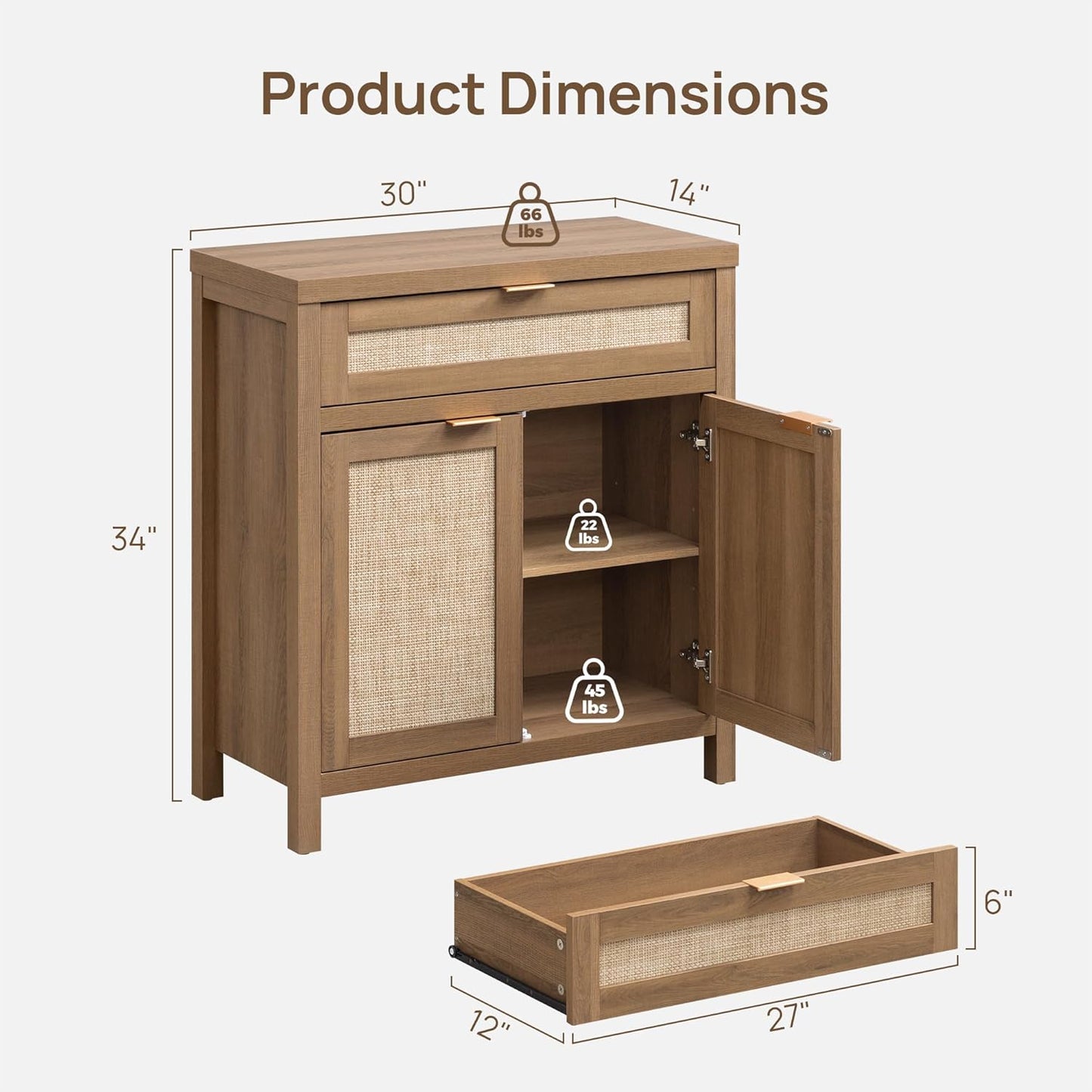 SICOTAS Sideboard Buffet Cabinet Set of 3, Rattan Credenza Storage Cabinet, Boho Buffet Table Console Cabinets with Drawer, Farmhouse Coffee Bar for Living Room, Natural Oak
