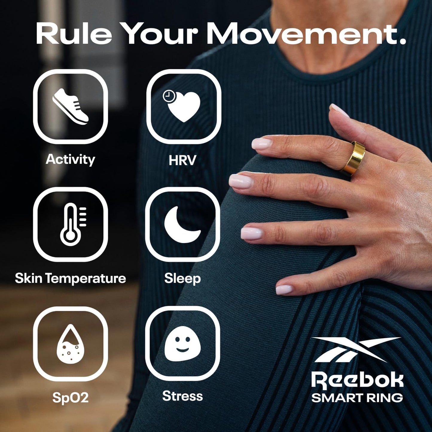 Reebok Smart Ring for Women or Men - Shiny Gold, Size 10 Fitness Ring - The Next Generation of Wearable Technology - Fitness and Sleep Tracker - Monitors Wellbeing and Recovery