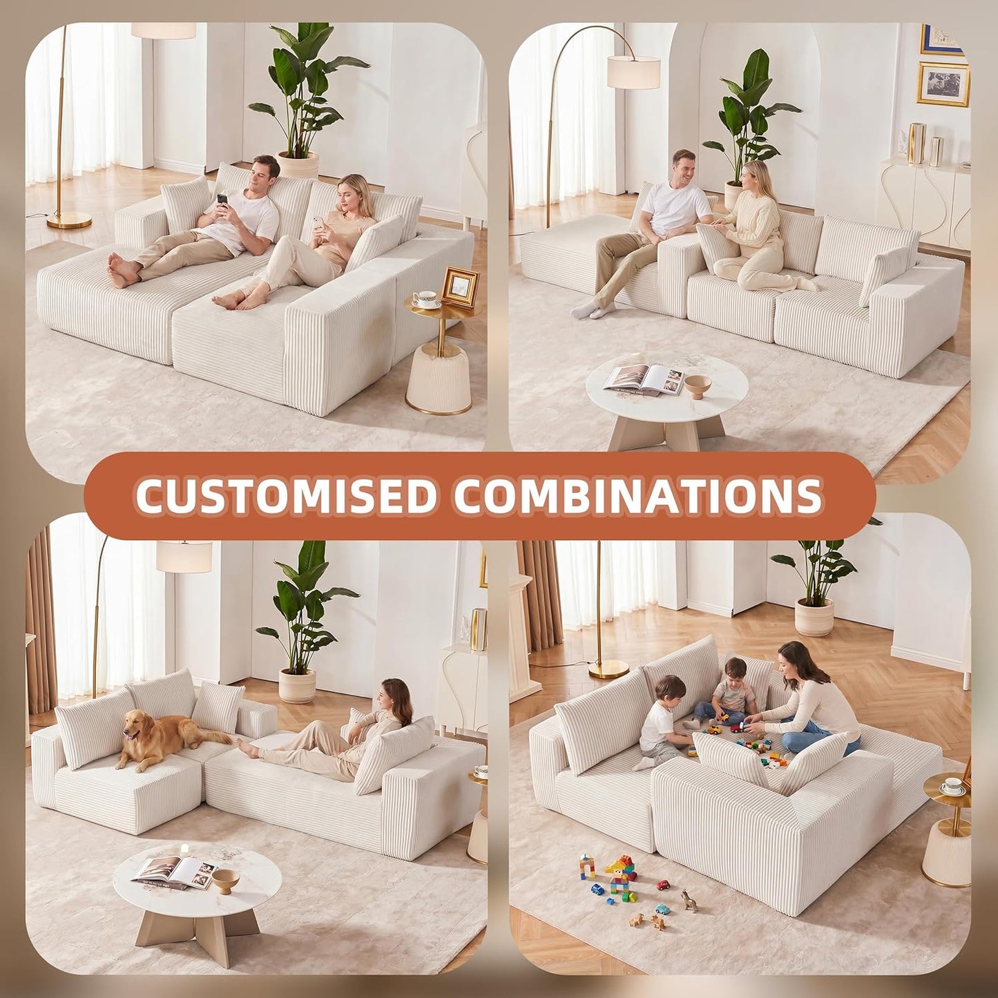 108” Modular Sectional Sofa, Cloud Sectional Couch with Deep Seat, Modern Modular L-Shape Sofa Couch with Chaise,Upholstered Boneless Couches for Living Room Bedroom (Beige, Left Facing Chaise)