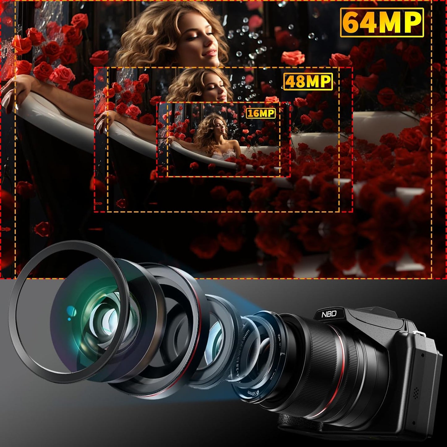 NBD 64MP Digital Cameras for Photography,8K Vlogging Cameras for YouTube,16X Optical Zoom Travel Point and Shoot Digital Cameras Fotograficas with 180°Flip Screen,58mm UV Lens,2 Batteries(Black)