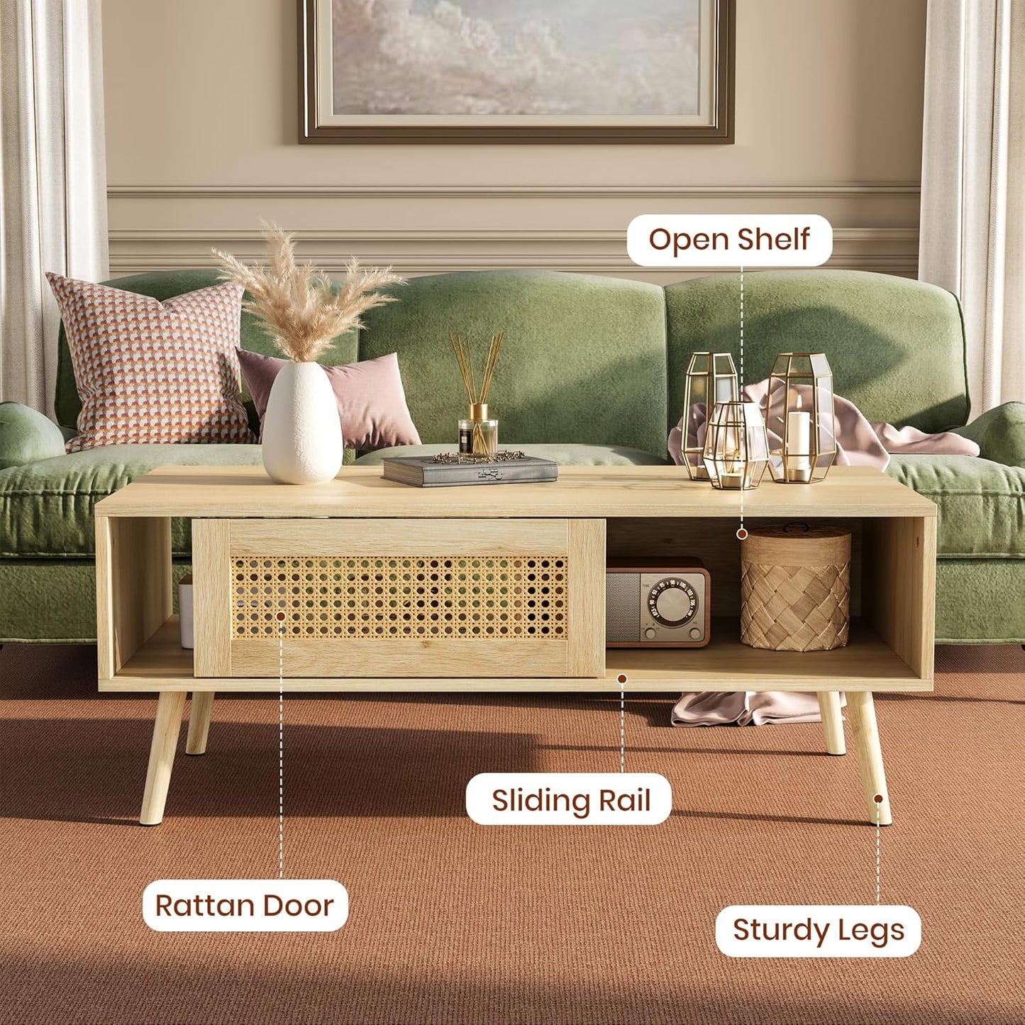 IDEALHOUSE Living Room Table Sets of 2, Includes 47" Rattan TV Stand Storage Cabinet for 55" TV, Farmhouse Coffee Table with Storage Shelf for Bedroom