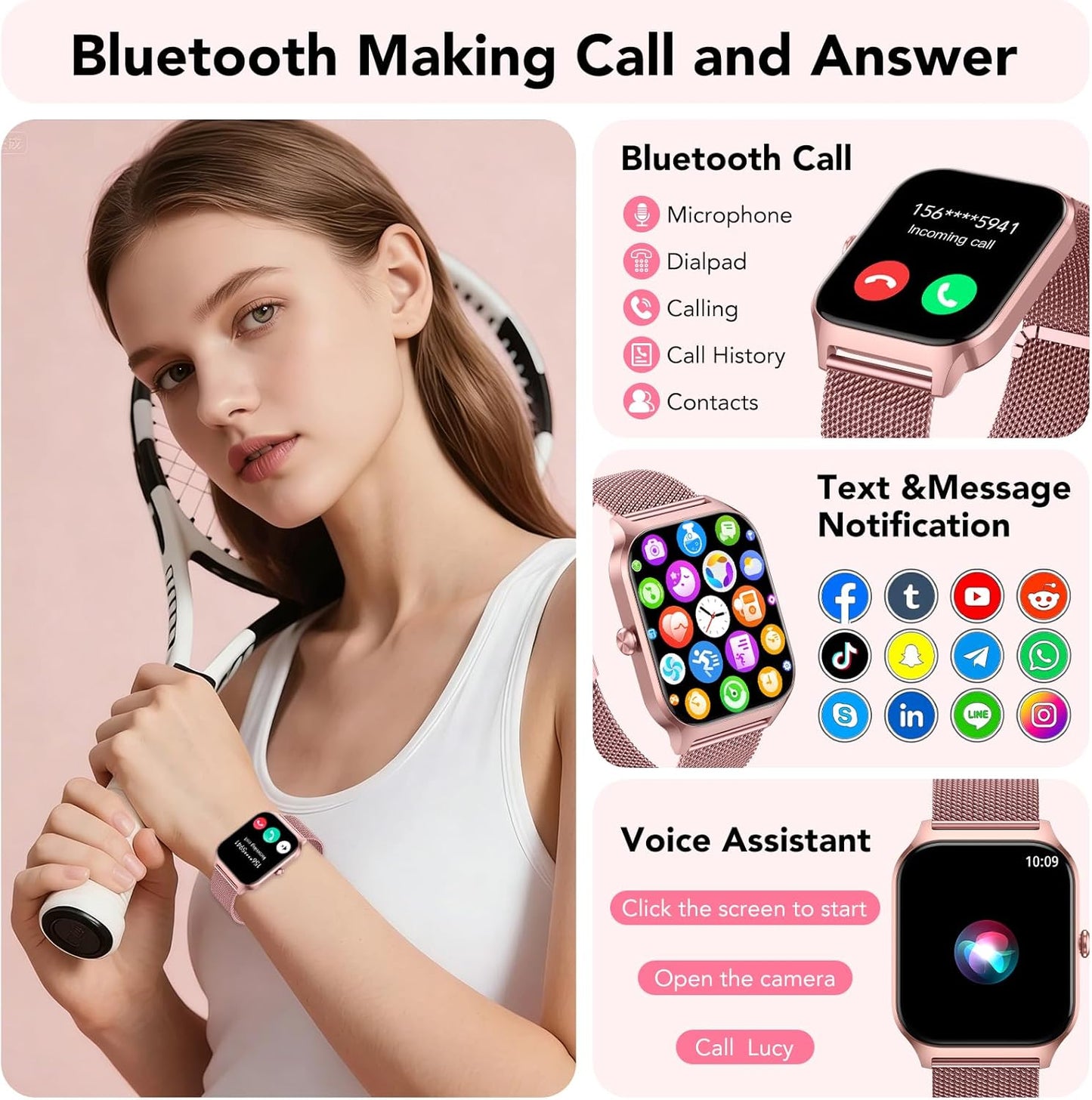 CASCHO Smart Watch for Women (2 Bands), Bluetooth Call Smartwatch with AI Voice,1.85" HD Fitness Watch,Heart Rate/SpO2/Steps/Sleep Monitor,120+ Sports Modes,IP68 Waterproof Watch for Android iOS-Rose