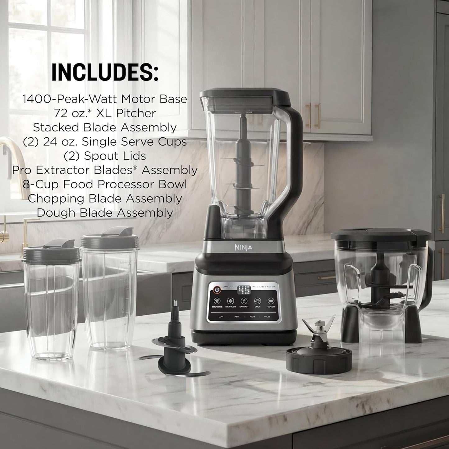 Ninja BN801 Professional Plus Kitchen System, 1400 WP, 5 Functions for Smoothies, Chopping, Dough & More with Auto IQ, 72-oz.* Blender Pitcher, 64-oz. Processor Bowl, (2) 24-oz. To-Go Cups, Grey