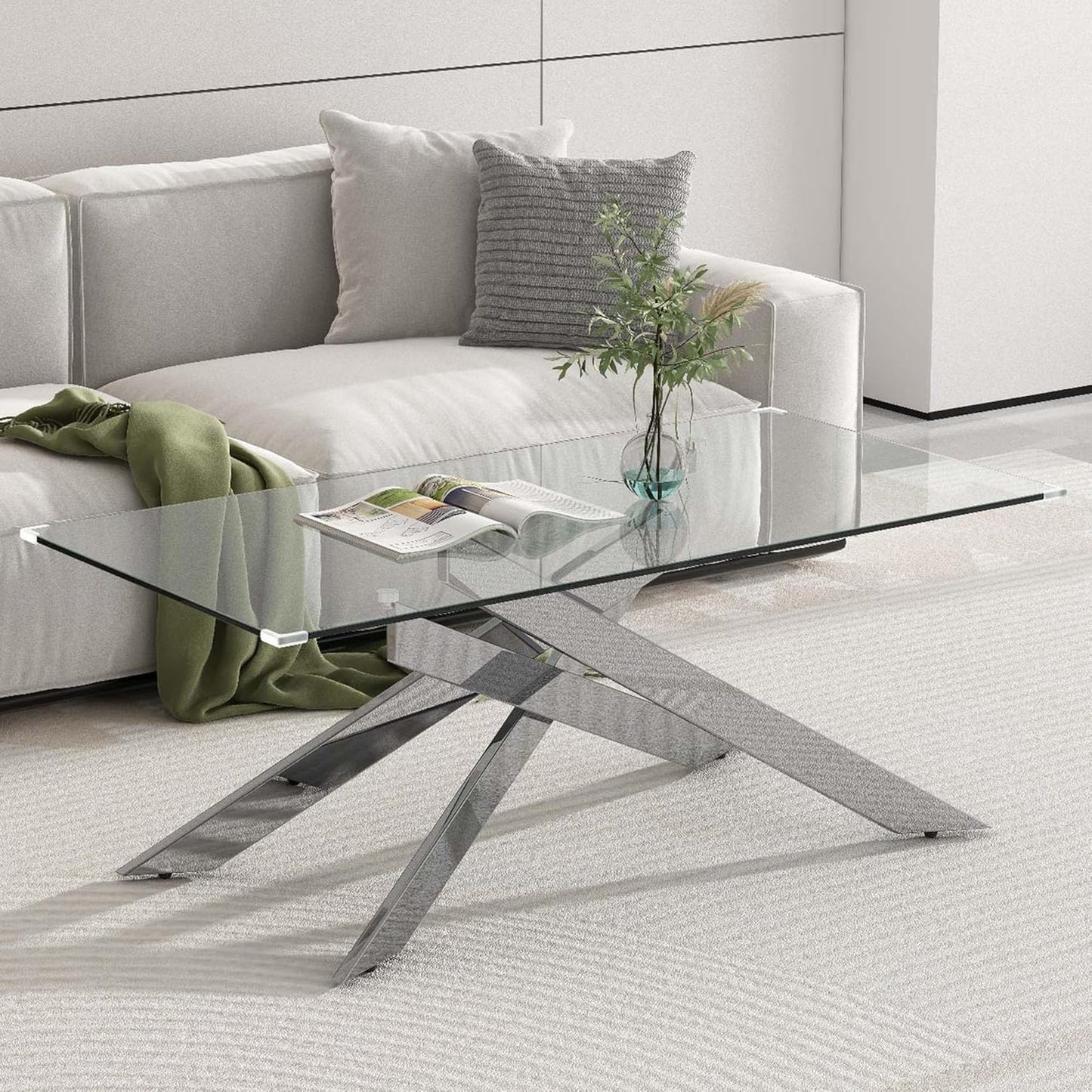 3 Pieces Living Room Table Set, 47" Glass Coffee Table and 2 End Table, Glass Coffee Table Set with Tempered Glass Tabletop and Metal Legs, for Living Room, Leisure, Apartment