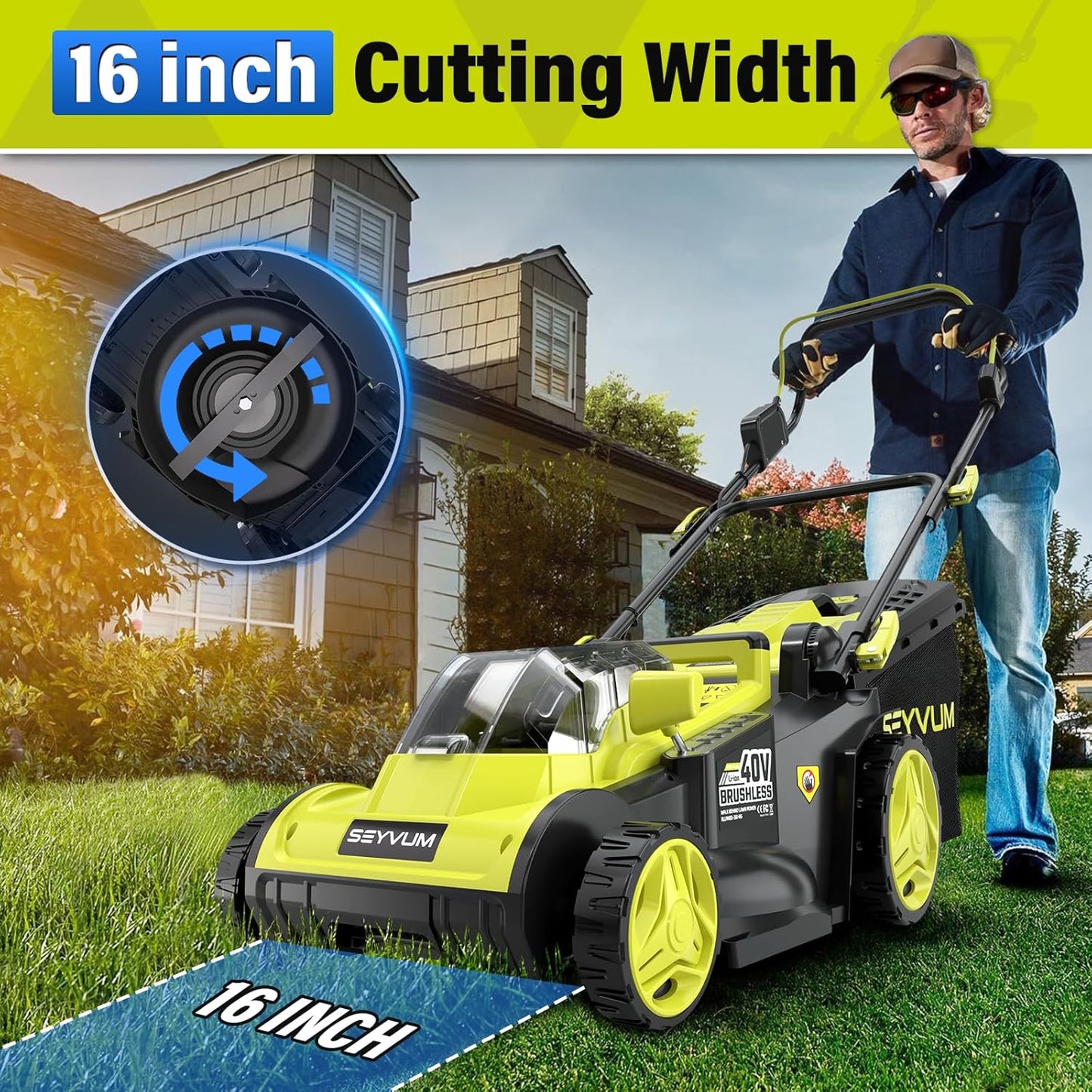 SEYVUM 40V 16-inch Cordless Lawn Mower with 45L Grass Collection Bag, 6 Position Height Adjustment Electric Lawn Mower, 2 x 20V 4.0Ah Battery Powered Push Lawnmower, 2.4A Fast Charger, Lemon Green