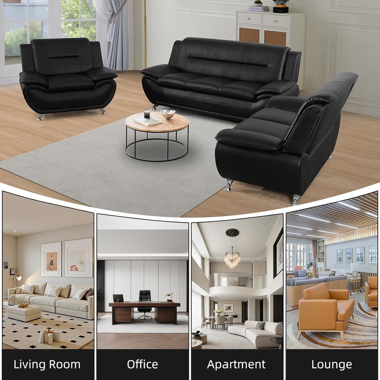 Modern Leather Sofa Set, Living Room Furniture, 3 - Piece Couch Set, Faux Leather Couch Loveseat Chair Set with Sturdy Legs for Living Room/Bedroom/Office,Black