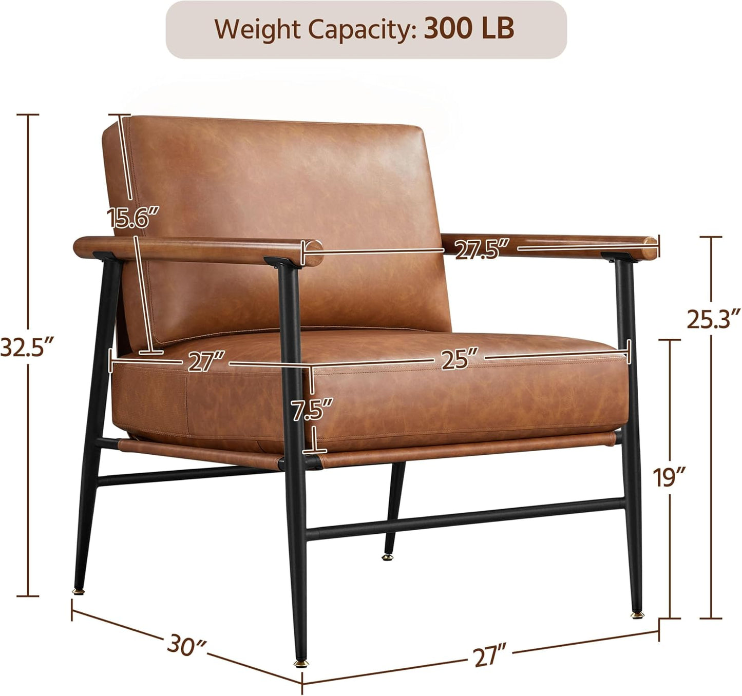 Yaheetech Accent Chair Set of 2, PU Leather Living Room Chair Back Pillow Modern Lounge Chair Wooden Arms Metal Frame Bedroom Waiting Room Retro Brown