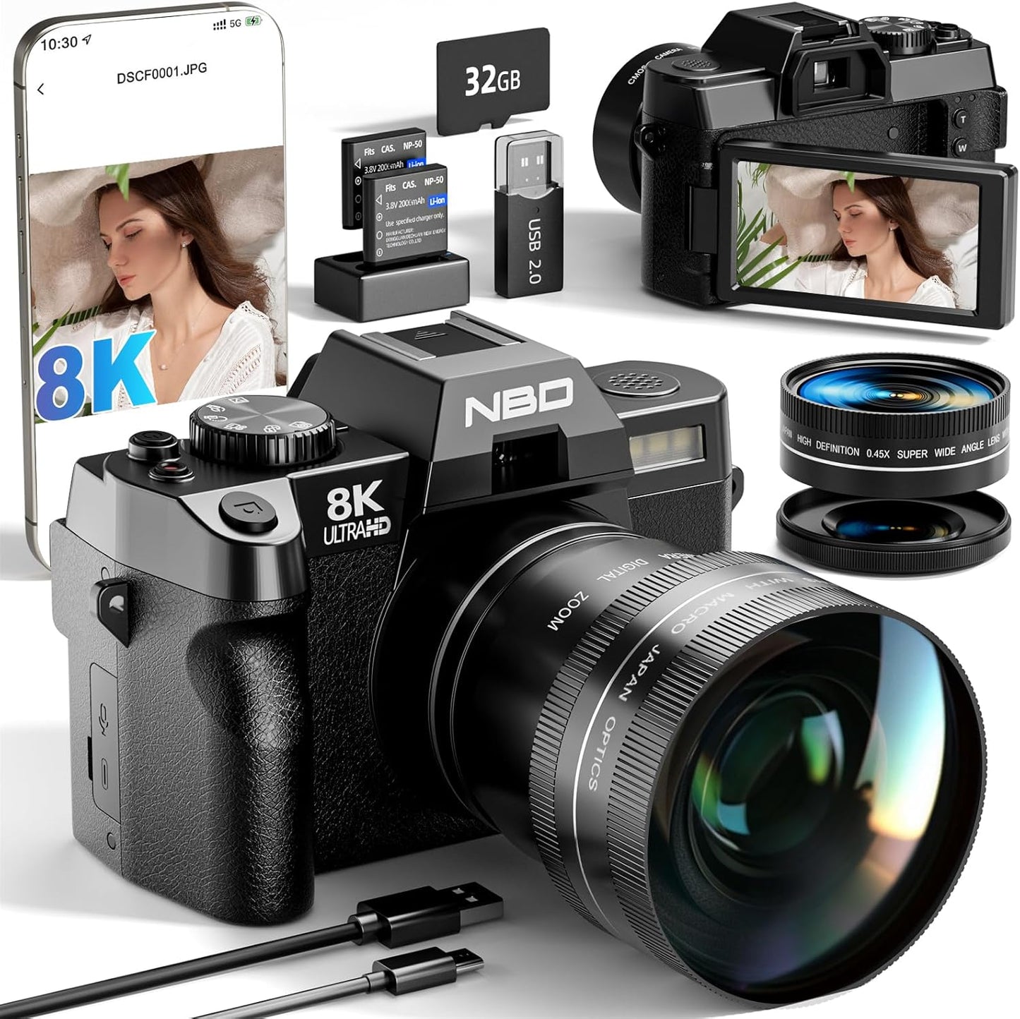 NBD 8K Digital Cameras for Photography,64MP Camara Fotograficas,Travel Vlogging Cameras for YouTube with 180°Flip Screen,16X Digital Zoom,2 Batteries,32GB TF Card,52mm Macro Lens (Black)