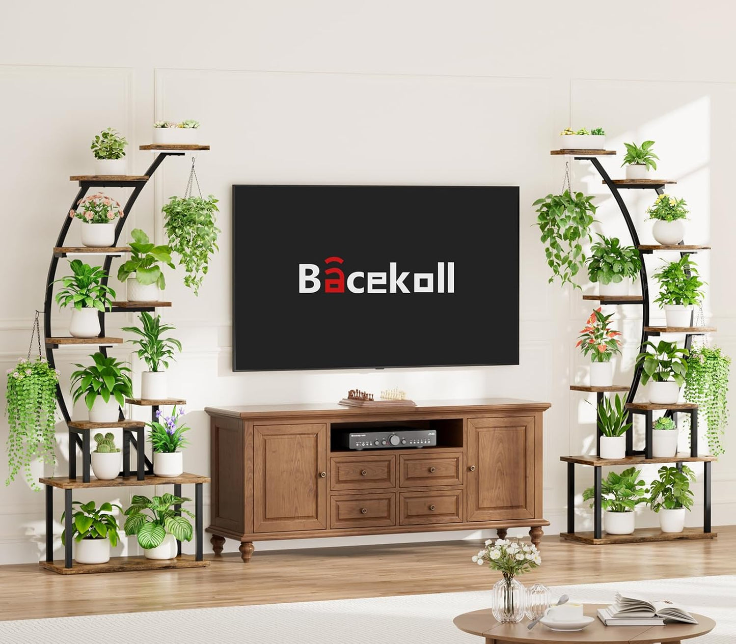 BACEKOLL Plant Stand Indoor with Grow Lights, 9 Tiered Metal Plant Shelf, 64" Tall Plant Stand for Indoor Plants Multiple, Large Plant Rack Display Shelf, Curved Plant Holder for Living Room, Patio