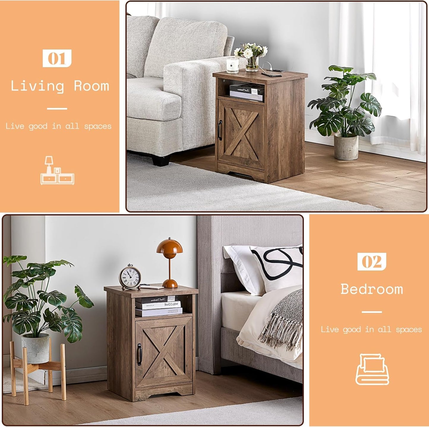 AMERLIFE 3-Piece Farmhouse Table Set Includes Coffee Table& Two End Tables, Side Table with Charging Station and USB Ports, for Living Room, Barnwood