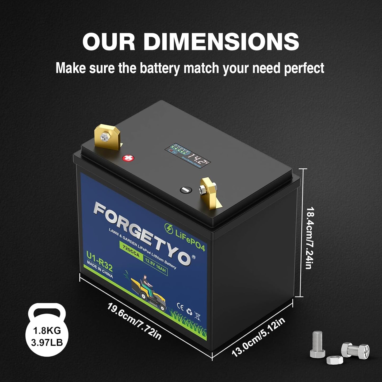 U1 Riding Lawn Mower Battery, 12V 16Ah 720CCA Lithium LiFePO4 Garden Tractor Starting Battery, Compatible with John Deere,Cub Cadet,Craftsman,Troy-Bilt Mower, and Generator