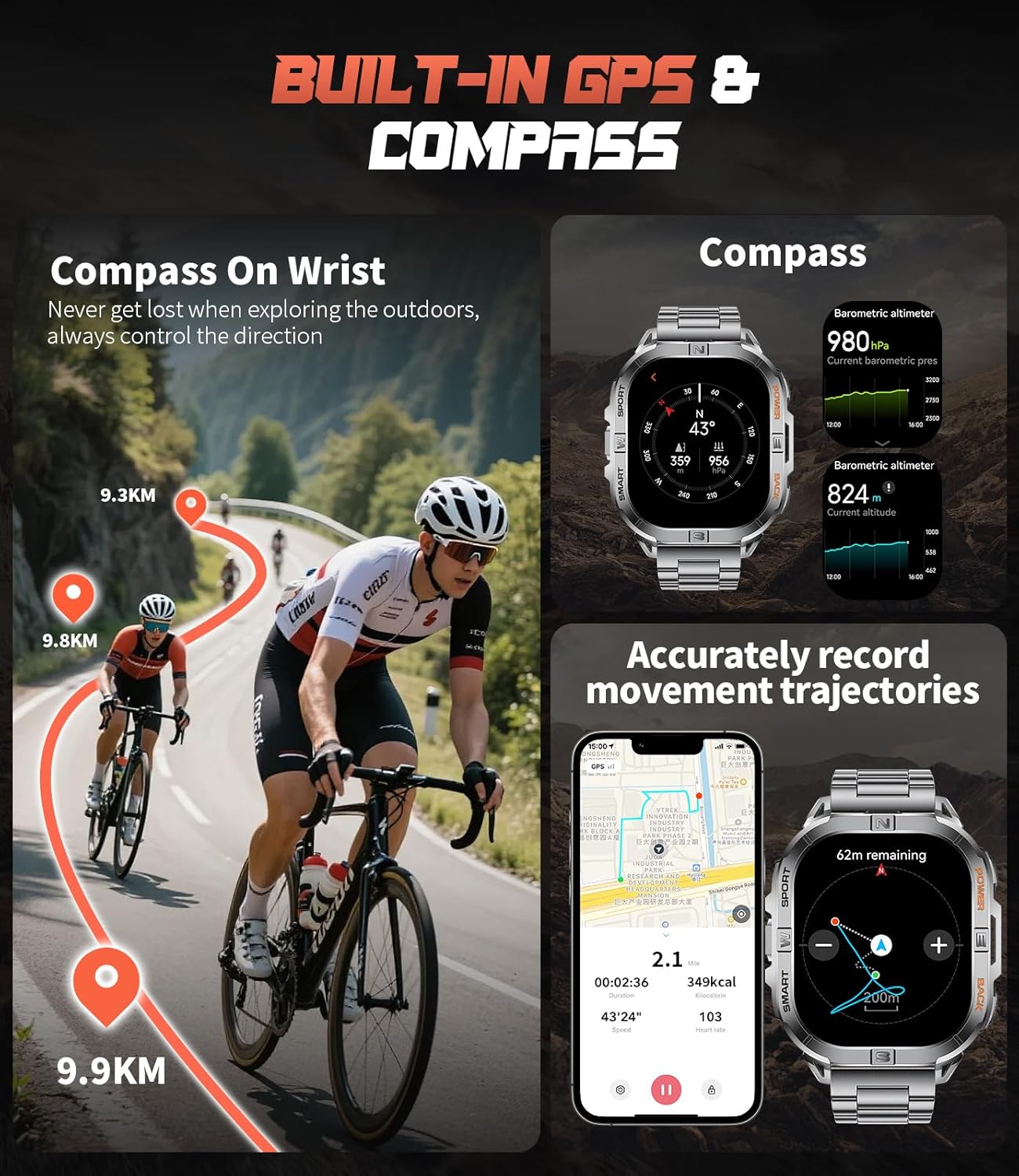 LIGE GPS Sports Smart Watch for Men, 2.13'' AMOLED Smartwatches, 170+ Sport Modes/LED Flashlight/Compass, IP68 Waterproof Step Tracker Watch, Sleep/Pedometer Smart Watches for Android iOS (Black)