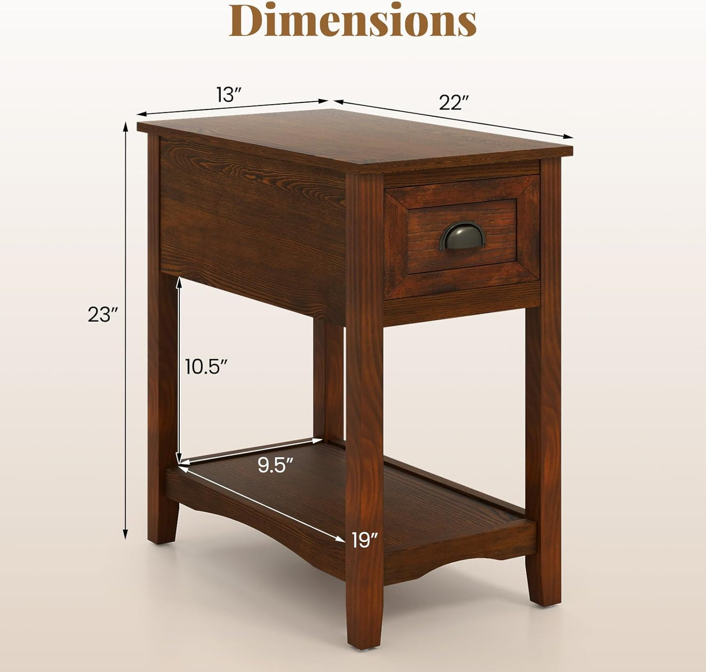 Giantex End Table with Drawer Set of 2, Retro Narrow Side Table, Nightstand with Solid Wood & Storage Shelf, Bedside Table for Living Room Bedroom Small Space Home Office (2, Walnut)