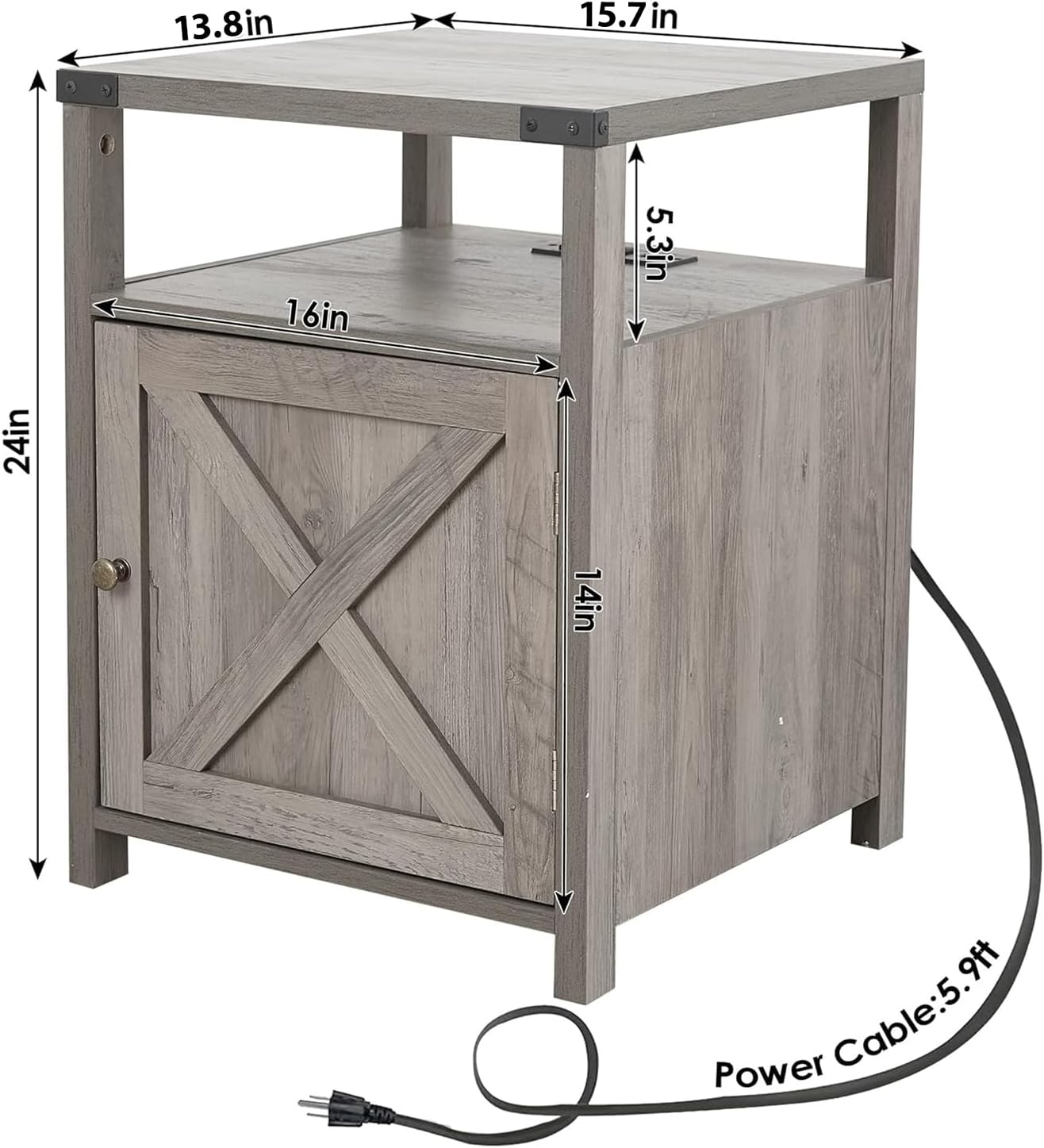 Farmhouse Nightstand Set of 2 with Charging Station, Rustic End Table Bedroom with Storage Living Room Side Table Dark Oak Night Stand Industrial Bedside Bed Table with USB Ports and Outlets