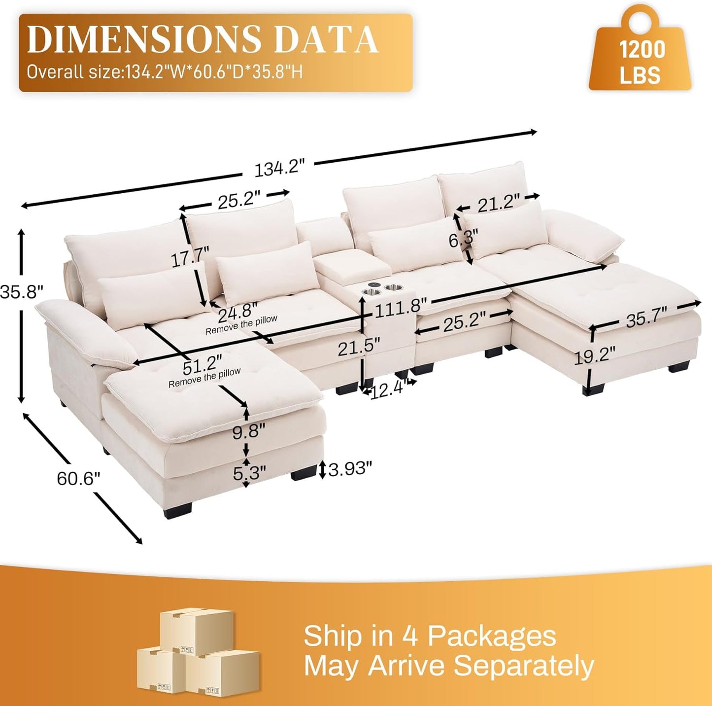 134"U Shaped Sectional Couch for Living Room, Modern Chenille 6 Seat Living Room Sofa Set with Storage Console, Oversized Modular Sectional Fluffy Couch with Tufted Buttons & Chaise Lounge,Beige
