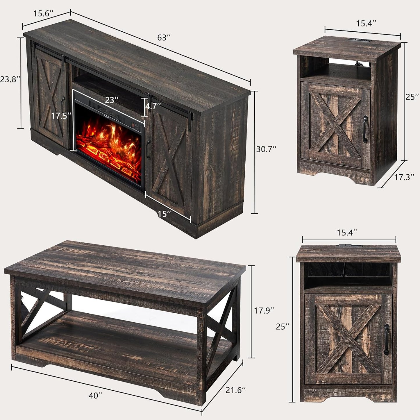 AMERLIFE 5-Piece Farmhouse Table Set Includes Fireplace TV Stand, Coffee Table& Two End Tables with Charging Station and USB Ports, for Living Room, Dark Oak, 63"