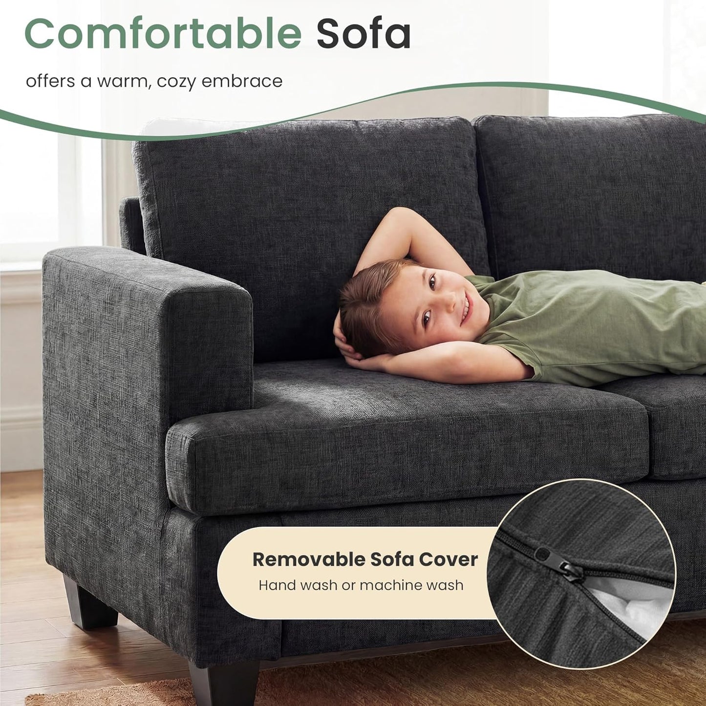 YOUDENOVA Sofa, 63” Comfy Loveseat Sofa with Deep Seats, Couch for Living Room, Modern Sleeper Couch, Dark Grey Chenille