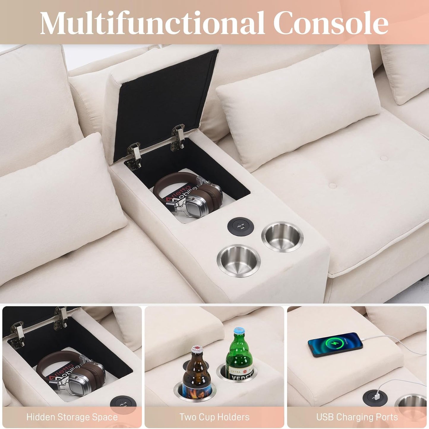 134"U Shaped Sectional Couch for Living Room, Modern Chenille 6 Seat Living Room Sofa Set with Storage Console, Oversized Modular Sectional Fluffy Couch with Tufted Buttons & Chaise Lounge,Beige
