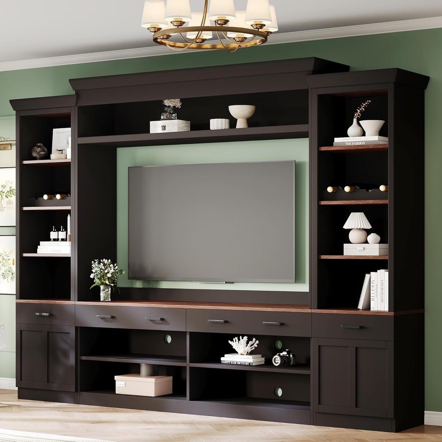Merax Minimalist Entertainment Wall Unit Set with Ample Storage Space and Adjustable Shelves, TV Stand for Televisions Up to 70'', Mid-Century Large Media Console with Wine Rack for Living Room, Black