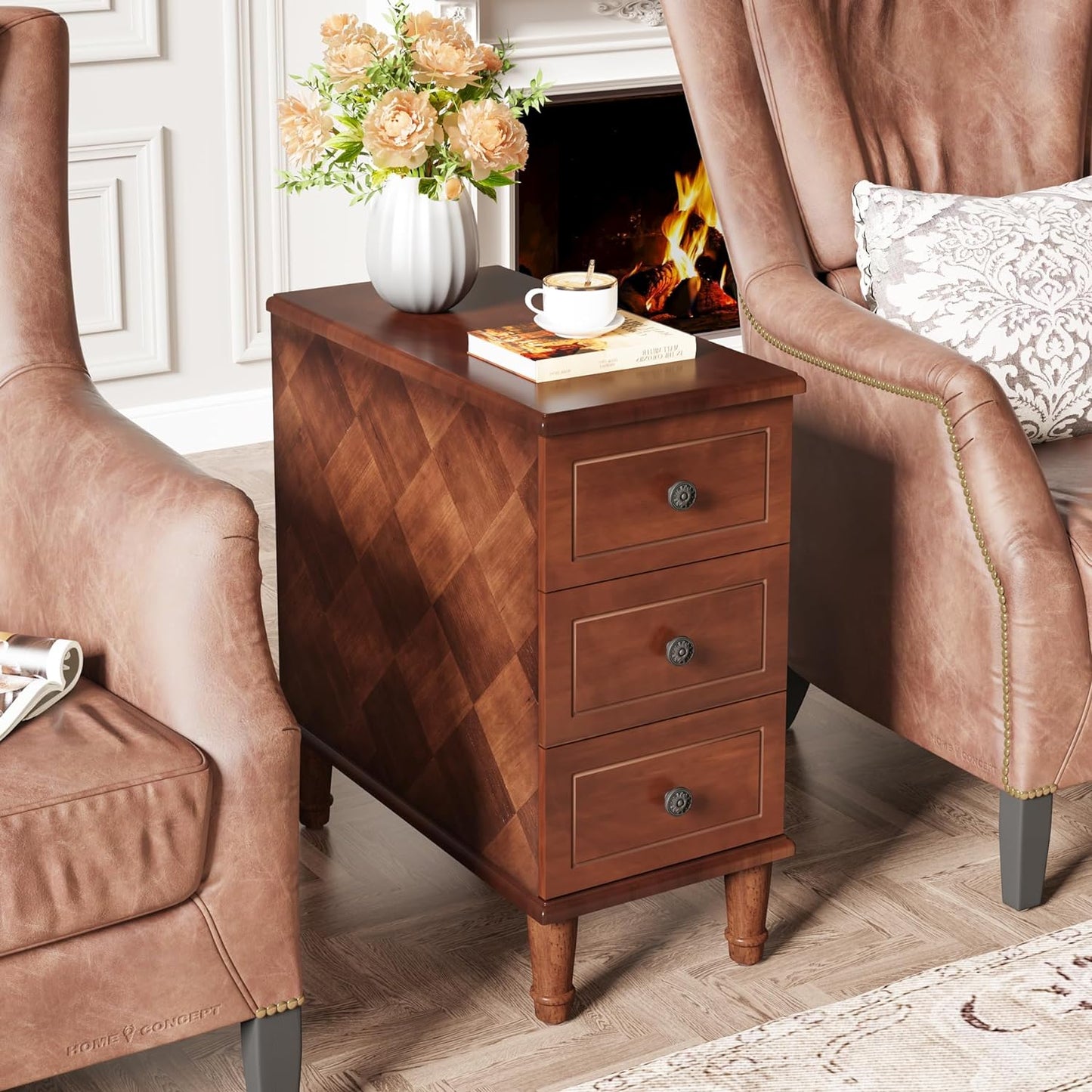Tribesigns Solid Wood End Table Set of 2, Fully Assembled Narrow Side Table with Drawers, Pre-Assembled Nightstand Slim Bedside Table for Small Spaces, Living Room, Bedroom, Brown