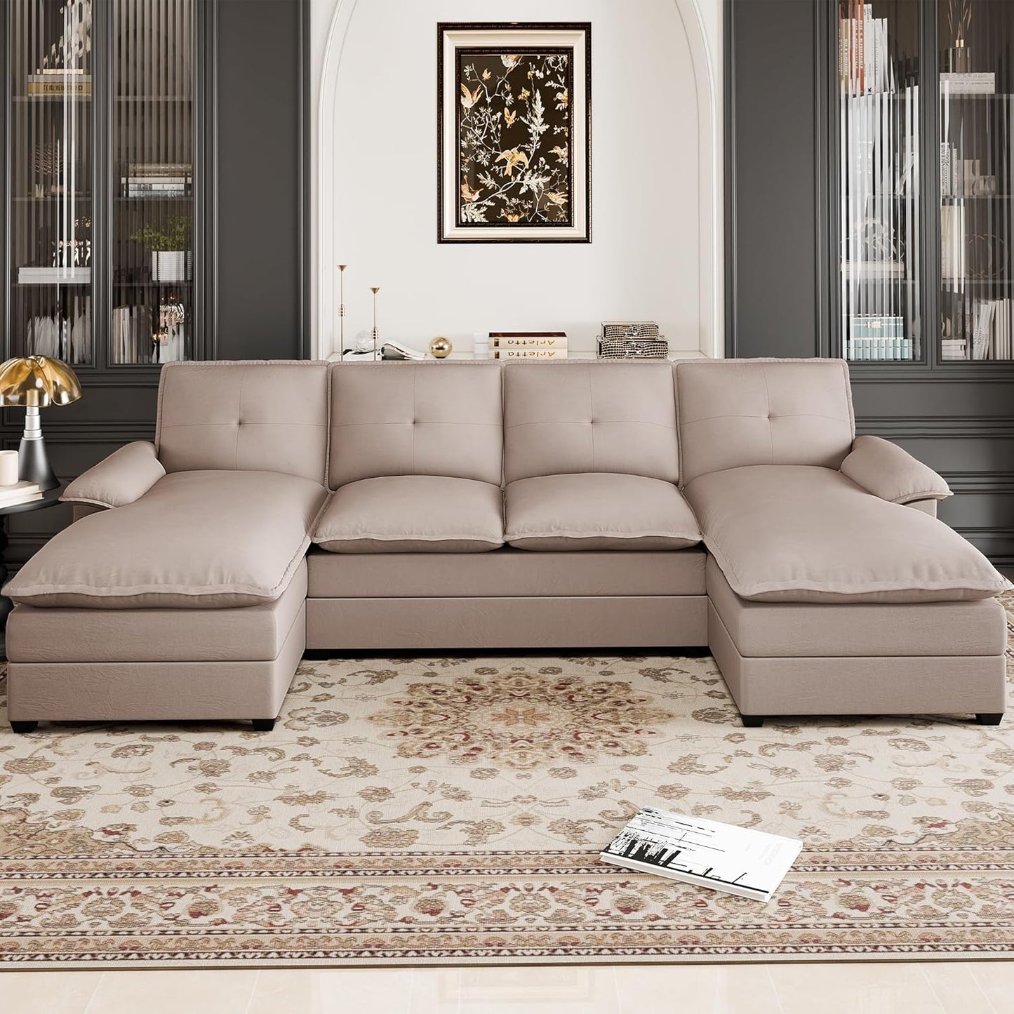 110" Sectional Couches for Living Room,4 Seat U Shape Modular Couch with Thick Cushion & Soft Backrest,Upholstered Sofa Couch with Double Chaise,Beige