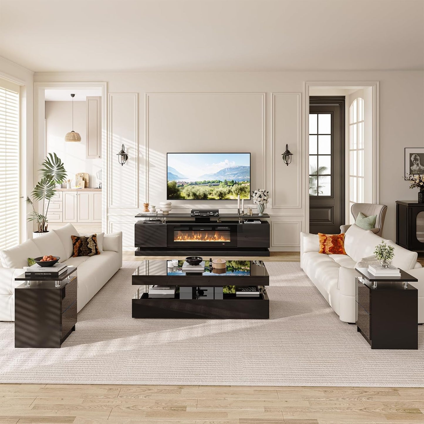 4-Piece Modern Living Room Table Set, Includes High Gloss 70" Fireplace TV Stand, 47" LED Coffee Table and 15" End Tables Set of 2 with Storage Drawers, Black