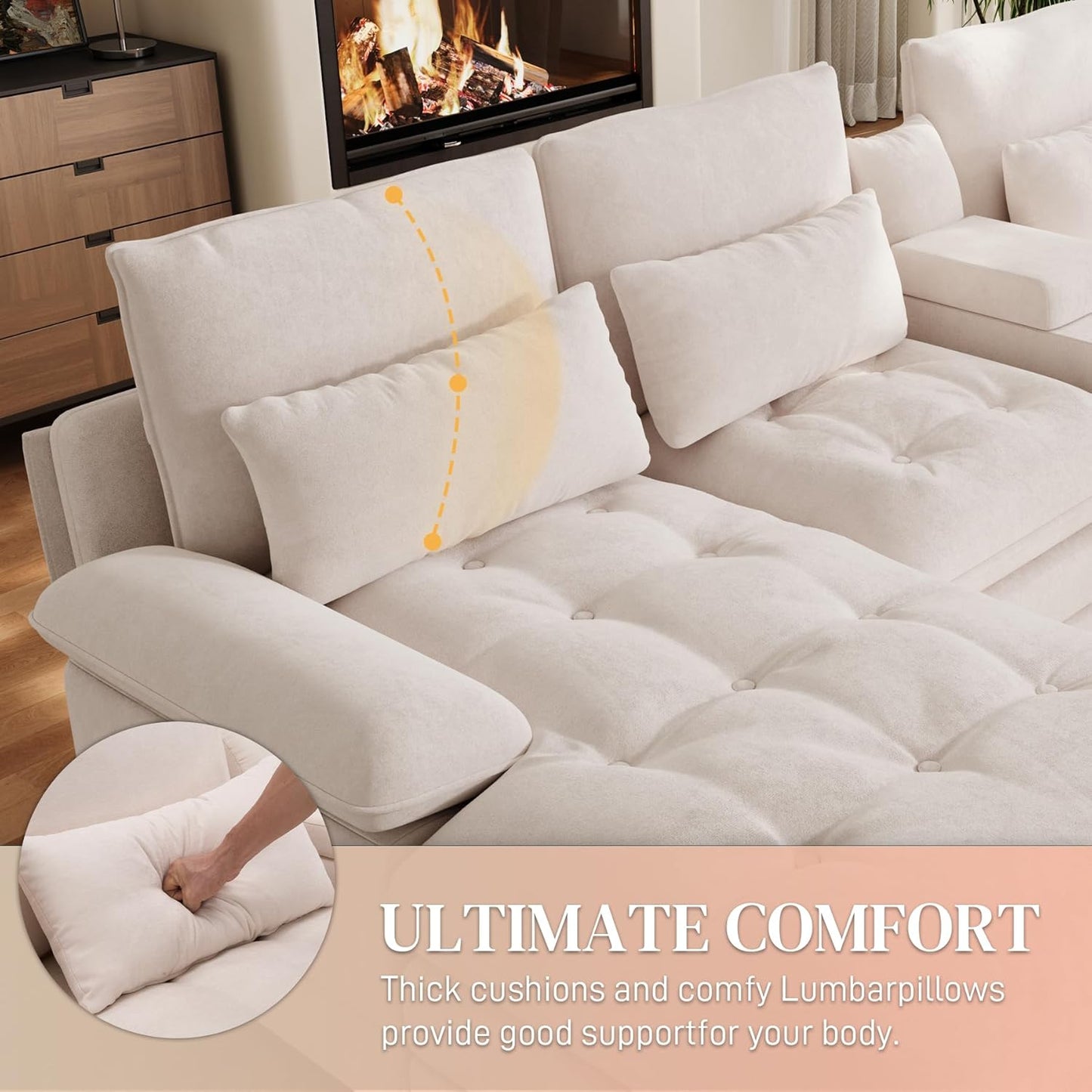 134"U Shaped Sectional Couch for Living Room, Modern Chenille 6 Seat Living Room Sofa Set with Storage Console, Oversized Modular Sectional Fluffy Couch with Tufted Buttons & Chaise Lounge,Beige
