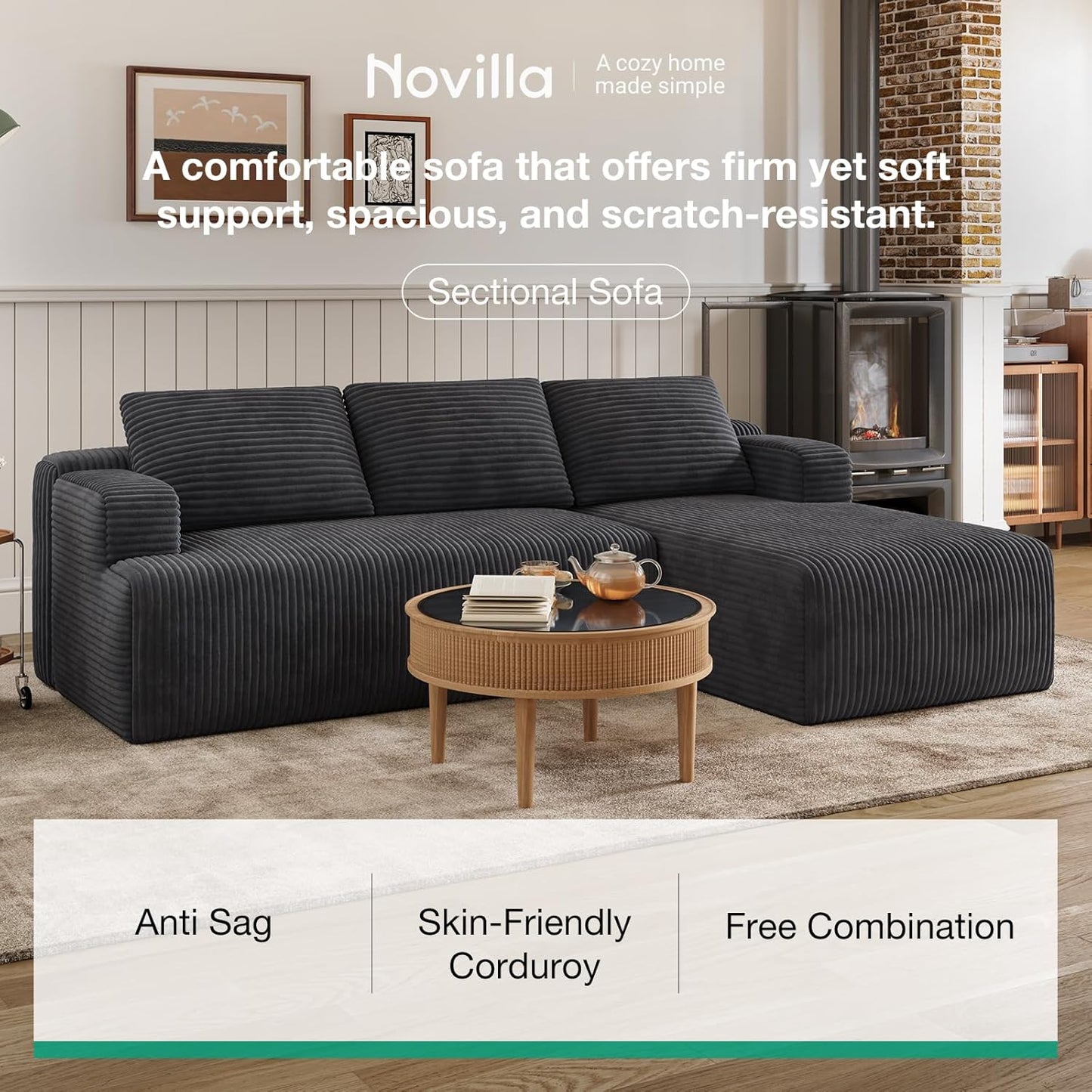 Novilla L-Shape Sectional Couches for Living Room with Smarts Coil® Support, 3 Seater Sectional Sofas for Living Room Bedroom, Corduroy Cloud Couch Sectional, No Assembly(Dark Grey, Right Hand Facing)