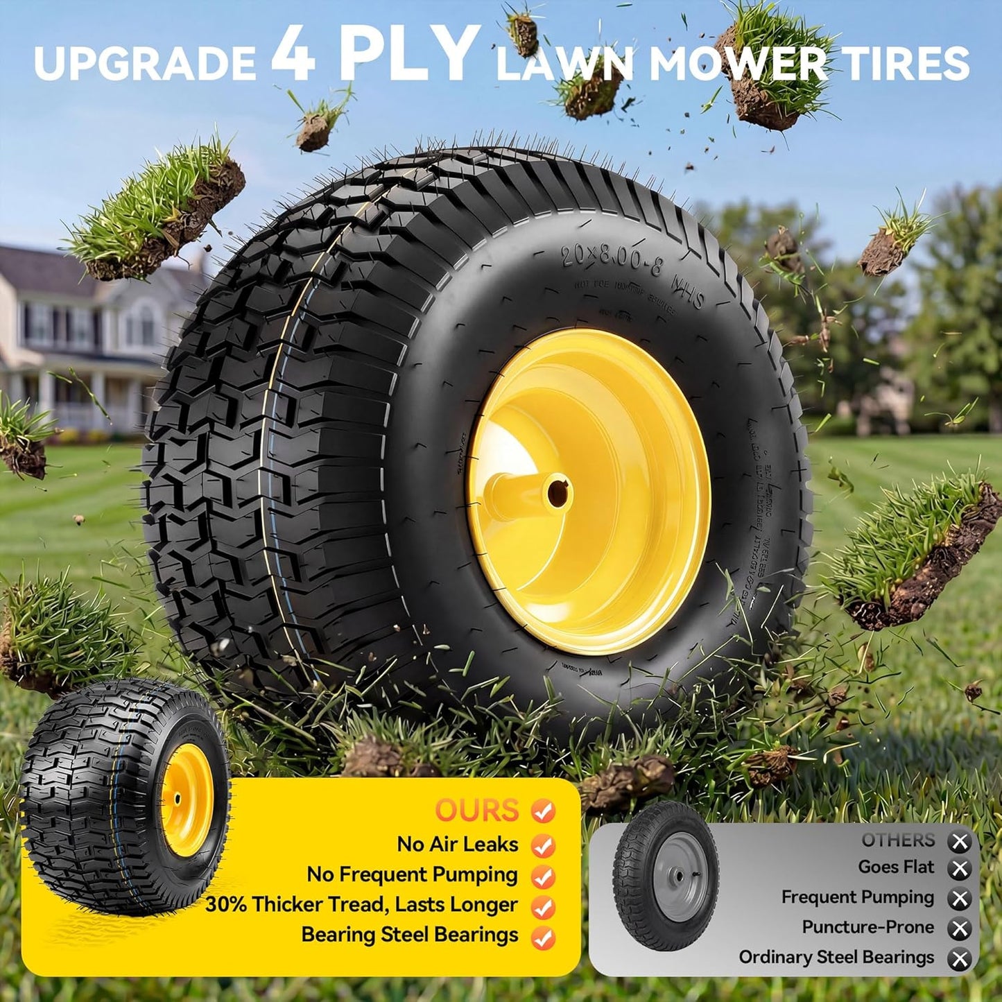 YITAMOTOR 20x8.00-8 Lawn Mower Tires & Wheel Assemblies, 4 Ply Tubeless Front Tires Replacement Fits Lawn Tractors, More Riding Mowers & Garden Vehicle | 3/4" Bore Hole, 3/16" Keyway, 960LBS (2 Pack)