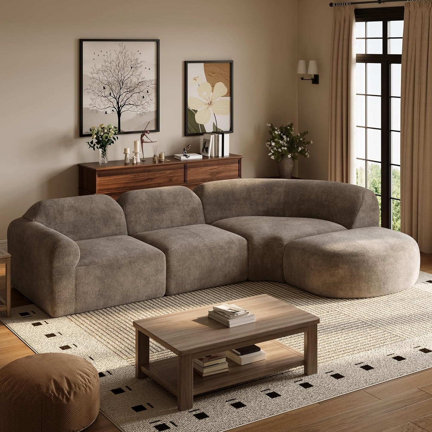 Merax Modern Curved Sectional Sofa with Ottoman, Couch 4-Piece Set High-Density Compressed Sponge, Fully Assembled, Right Hand Facing, Plush Deep Seat for Living Room, Lounge, Apartment, Dark Brown