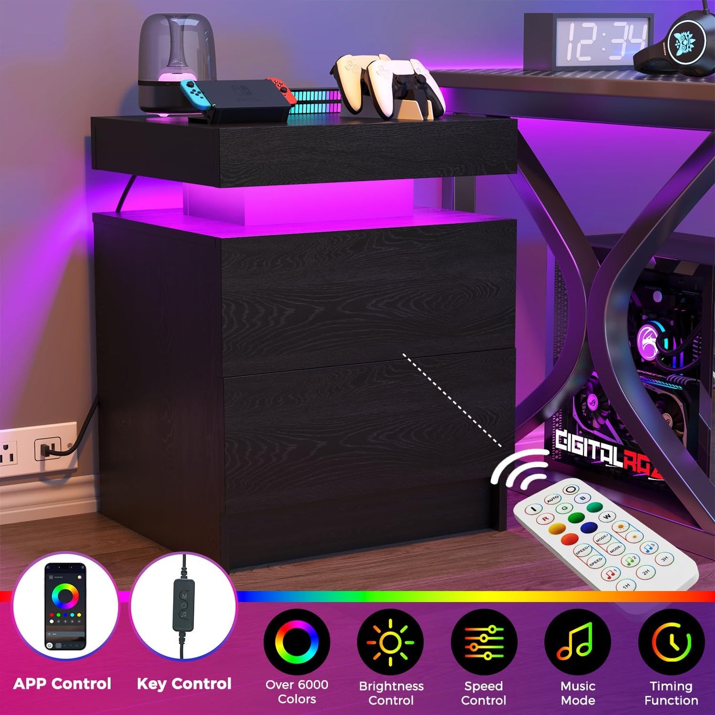 LED Nightstands Set of 2, Modern Black Night Stand End Tables with APP & Remote Control LED Lighting, 2 Drawers, Open Shelf Storage, Bedside Tables for Bedroom and Living Room