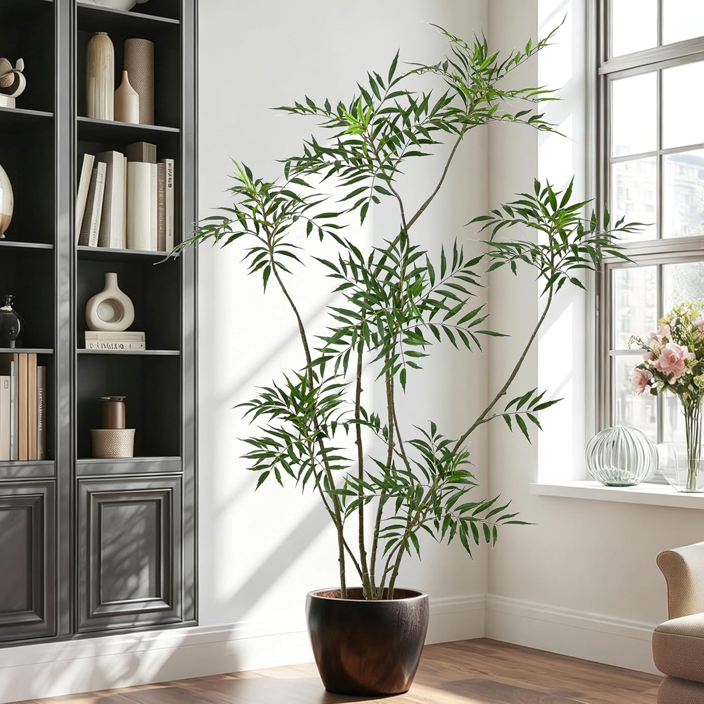 Artificial Mahonia Fortunei Tree 6FT - Faux Trees Indoor with 576 Lifelike Vivid Leaves and 7 Heads, 72" Tall Fake Potted Plant for Home Office Living Room Decor Housewarming Gift