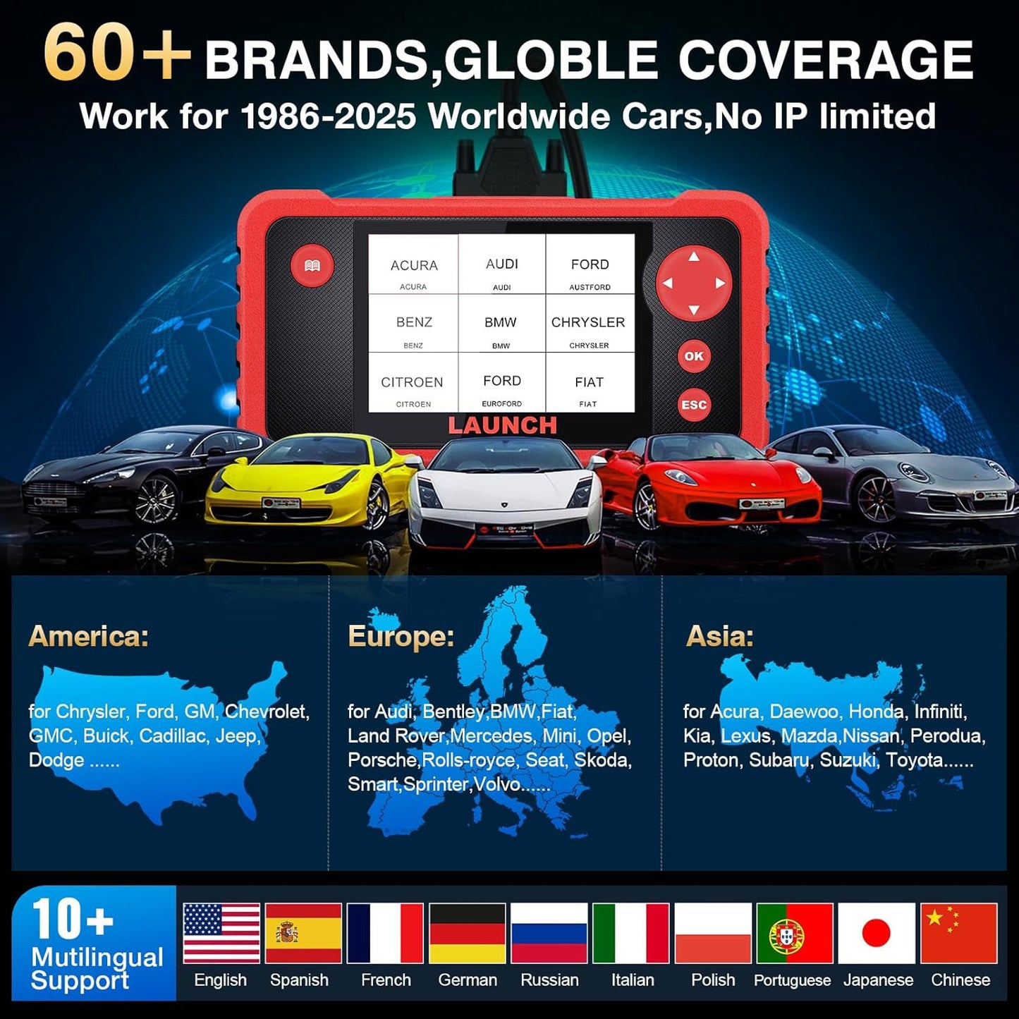 LAUNCH CRP123 V2.0 OBD2 Scanner-2026 New Model Engine/ABS/SRS/Transmission Diagnostic Scan Tool SRS Airbag Code Reader,3 Reset Oil Service/Throttle Relearn/SAS Reset,Lifetime Free Update