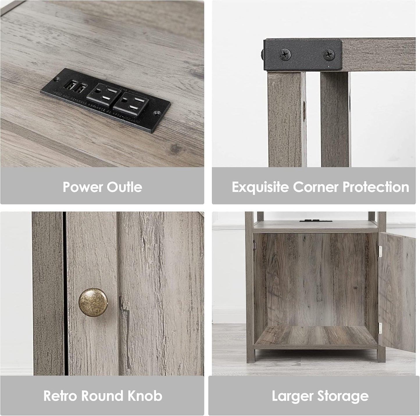 Farmhouse Nightstand Set of 2 with Charging Station, Rustic End Table Bedroom with Storage Living Room Side Table Dark Oak Night Stand Industrial Bedside Bed Table with USB Ports and Outlets