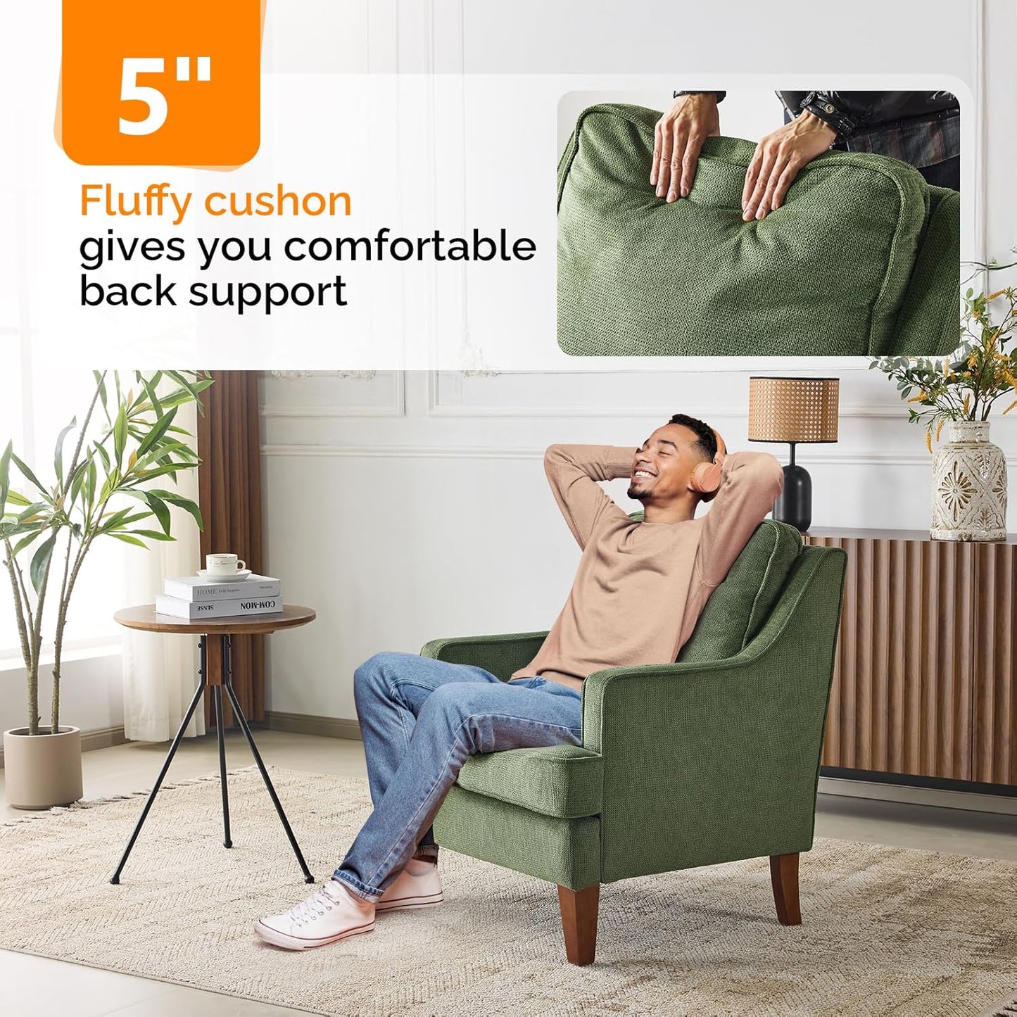 VINGLI Mid-Century Modern Accent Chairs Set of 2, Green Upholstered Armchair Comfy Sofa Chairs Reading Chair High Back for Living Room Bedroom Furniture Apartment