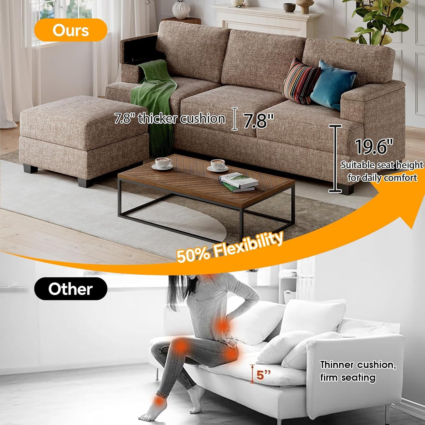 85'' L Shaped Couch with Armrest Organizer,Comfy 3 Seats Sofa with Thick Cushion,Chenille Sectional Couches for Living Room,Bedroom,Apartment,Sofa Set with Oversized Chair,Home Furniture,Brown