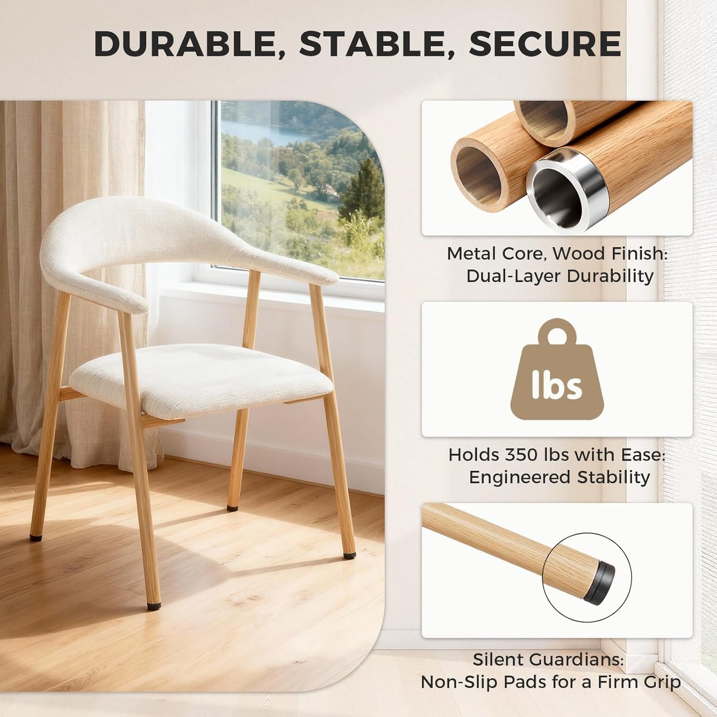 DUMOS Dining Chairs Set of 4, Linen Fabric Upholstered Kitchen Side Chairs with Curved Backrest & Metal Legs, Modern Farmhouse Accent Chairs for Dining Room Kitchen Living Room Cafe, Beige
