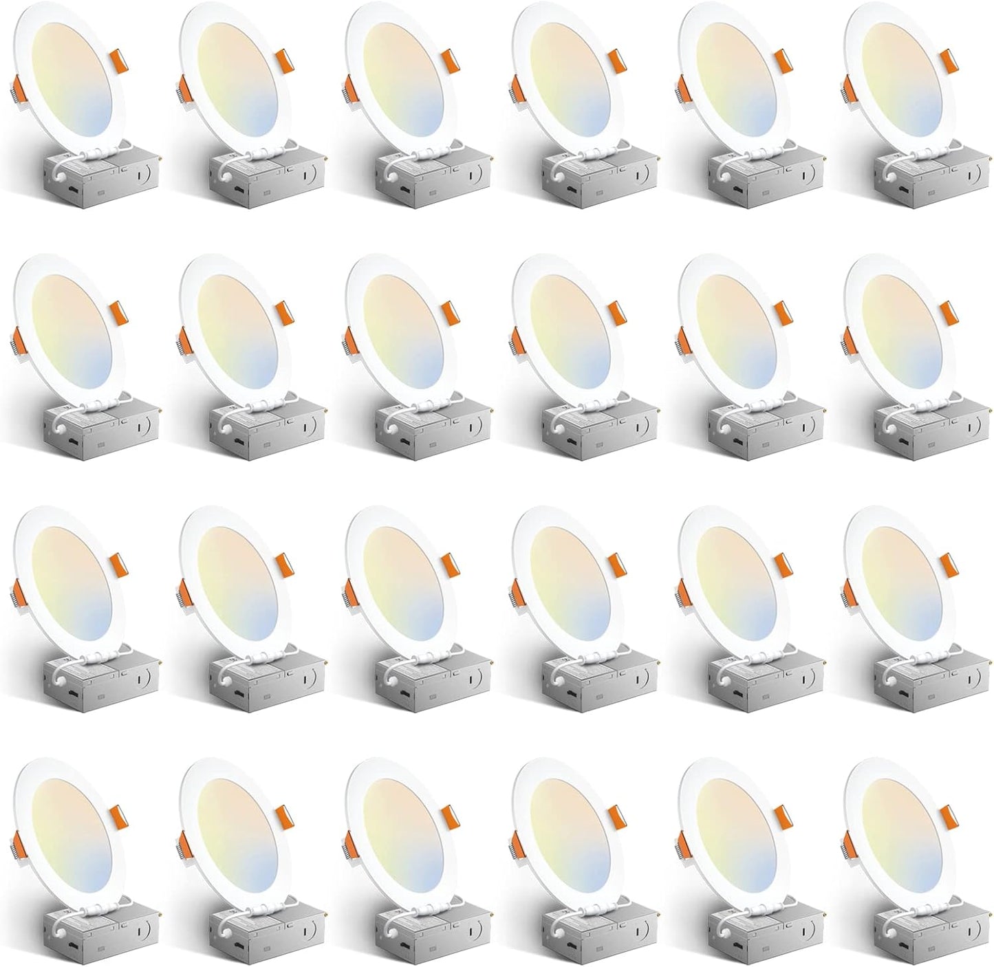 Amico 24 Pack 6 Inch 5CCT Ultra-Thin LED Recessed Ceiling Light with Junction Box, 1050LM Brightness, Dimmable Canless Wafer Downlight, 12W, ETL&FCC