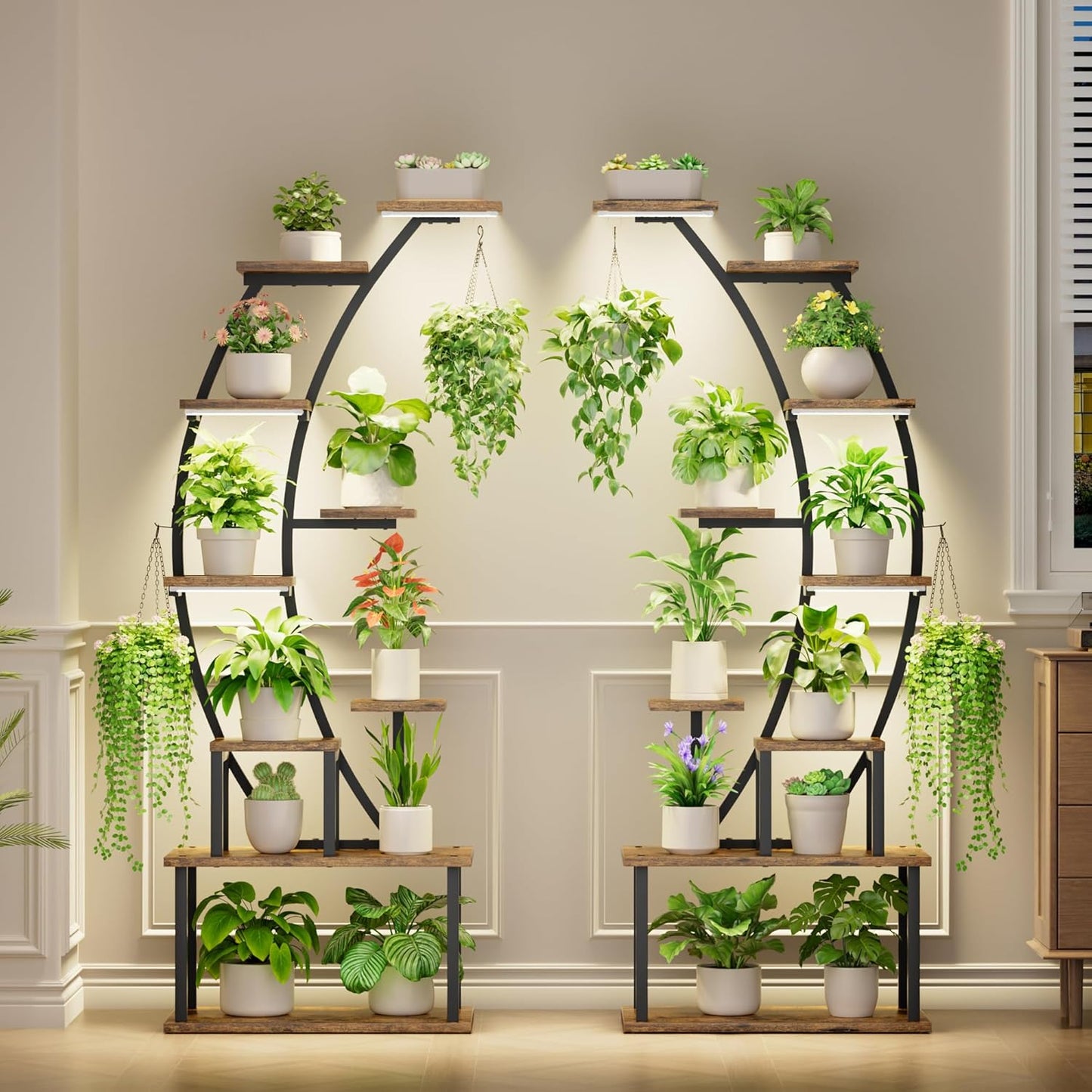 BACEKOLL Plant Stand Indoor with Grow Lights, 9 Tiered Metal Plant Shelf, 64" Tall Plant Stand for Indoor Plants Multiple, Large Plant Rack Display Shelf, Curved Plant Holder for Living Room, Patio
