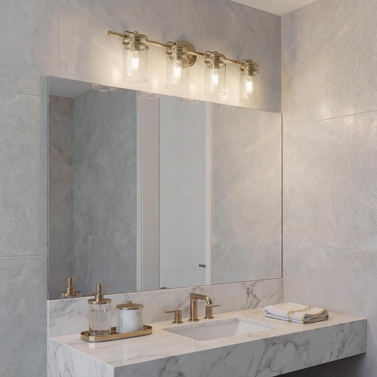 Kichler Brinley 4-Light Bathroom Vanity Light Fixture with Clear Glass in Champagne Bronze, Industrial Farmhouse Style for Mirror Lighting (32.5" x 10.25" x 6.75"), 45690CPZ