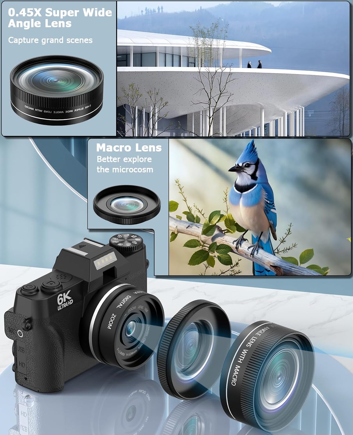 FLATIC Cameras for Photography, 6K 64MP Digital Camera with WiFi & Microphone for Youtuber, 16X Zoom Vlogging Camera with 180°Flip Screen, 64GB Card, 2 Batteries, Macro & Wide-Angle Lens, Card Reader