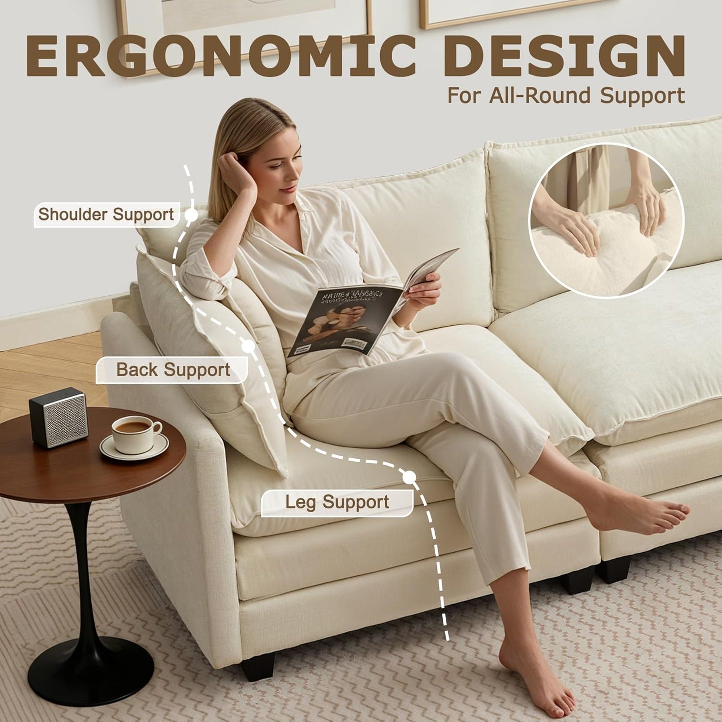 113” Modular Sectional Sofa, L Shaped Cloud Couch with Movable Ottoman, Comfy Chenille Deep Seat Sofa with Throw Pillows, 4 Seat Modern Couches for Living Room Bedroom Apartment, Beige