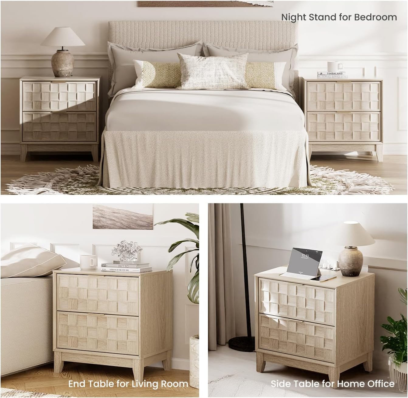 COLAMY Night Stand with Charging Station Set of 2, Modern Nightstand Bedside Table, Wooden 2 Drawers Dresser, with Chessboard Relief and Charger, for Bedroom, Living Room and Small Space - Oak