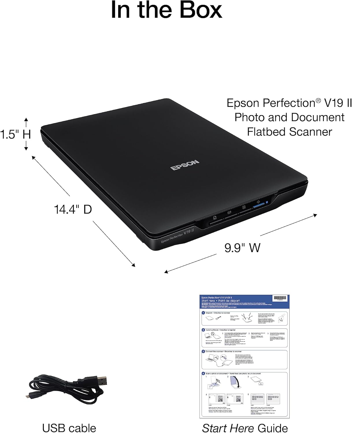 Epson Perfection V19 II Color Photo, Tax Receipt & Document Flatbed Scanner with 4800 dpi Optical Resolution USB Power, High-Rise, Removable Lid