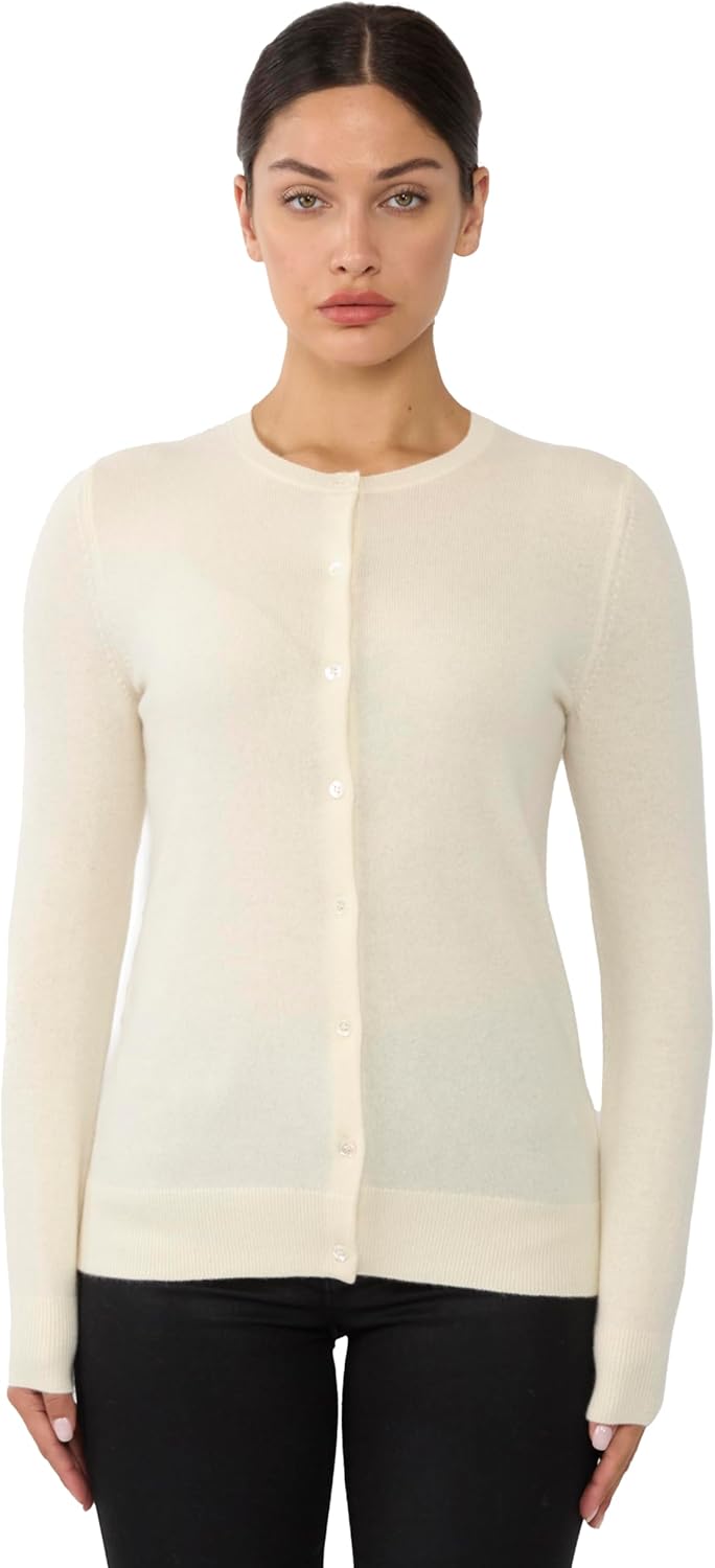 JENNIE LIU Women's 100% Cashmere Button Front Long Sleeve Crewneck Cardigan Sweater