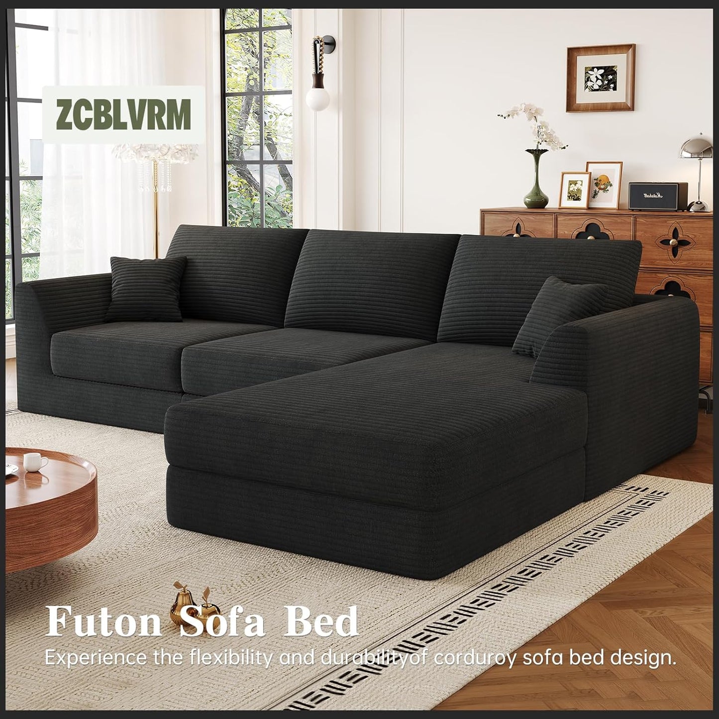 106" Modular Sectional Sofa with Reversible Chaise, Black Corduroy L-Shaped Cloud Couch for Living Room Apartment, 3-Piece Set, No Assembly Required, High-Density Supportive Foam